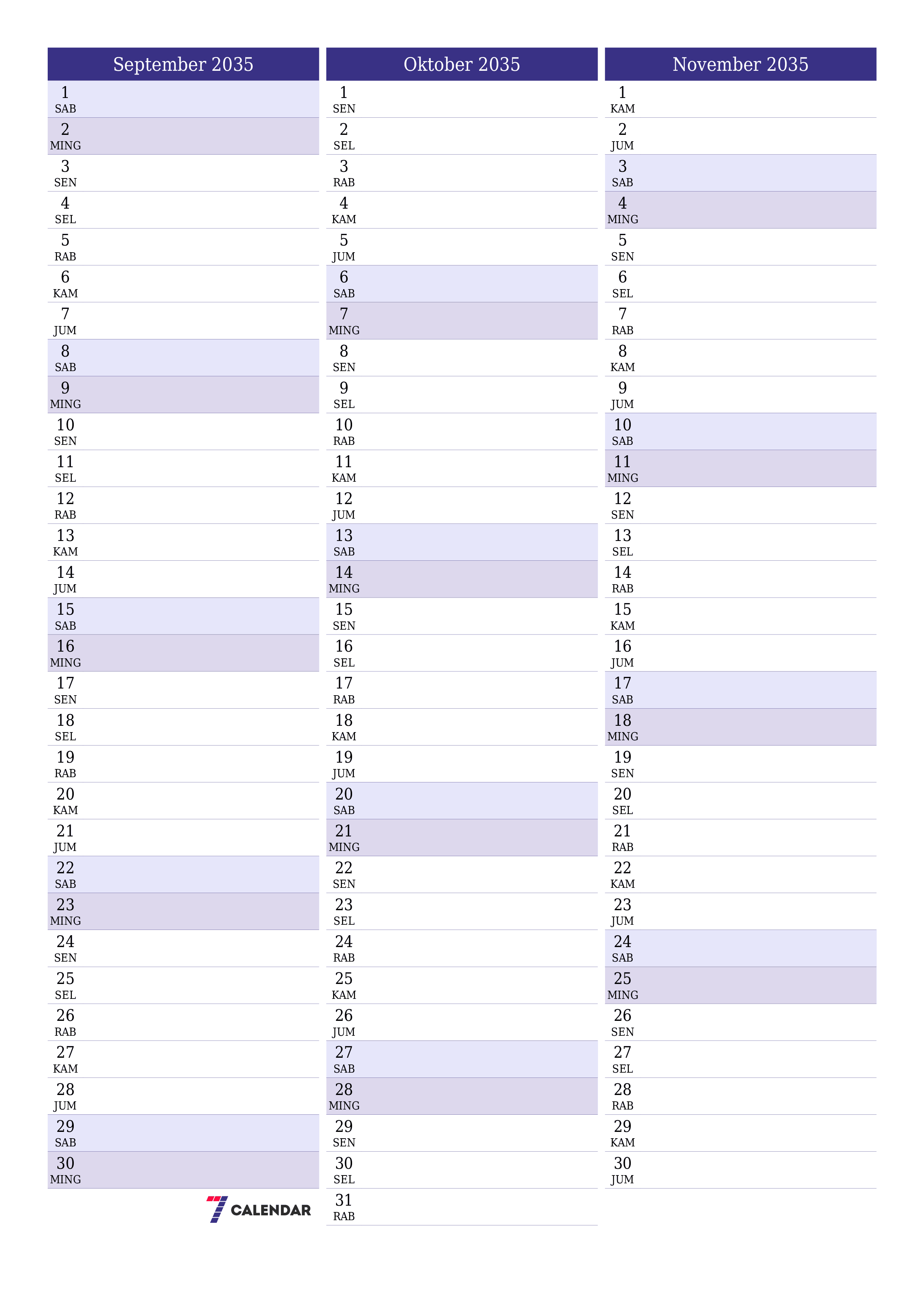  yang dapat dicetak dinding templat gratisvertikal Bulanan perencana kalender September (Sep) 2035