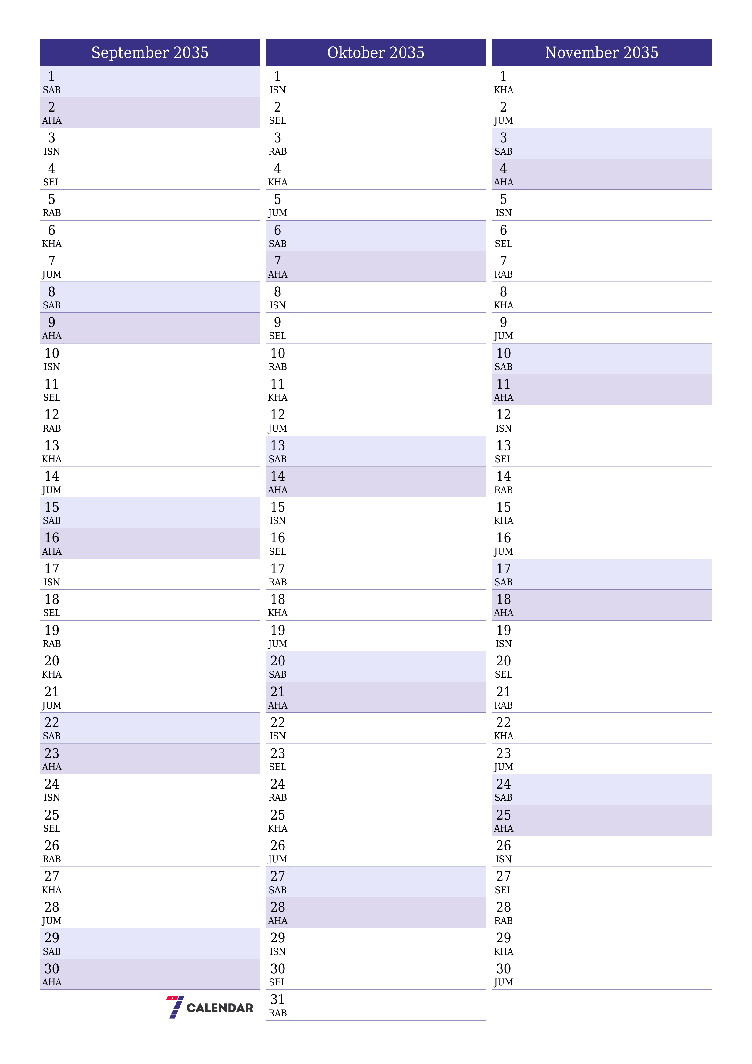  boleh cetak dinding templat percumamenegak Bulanan perancang kalendar September (Sep) 2035