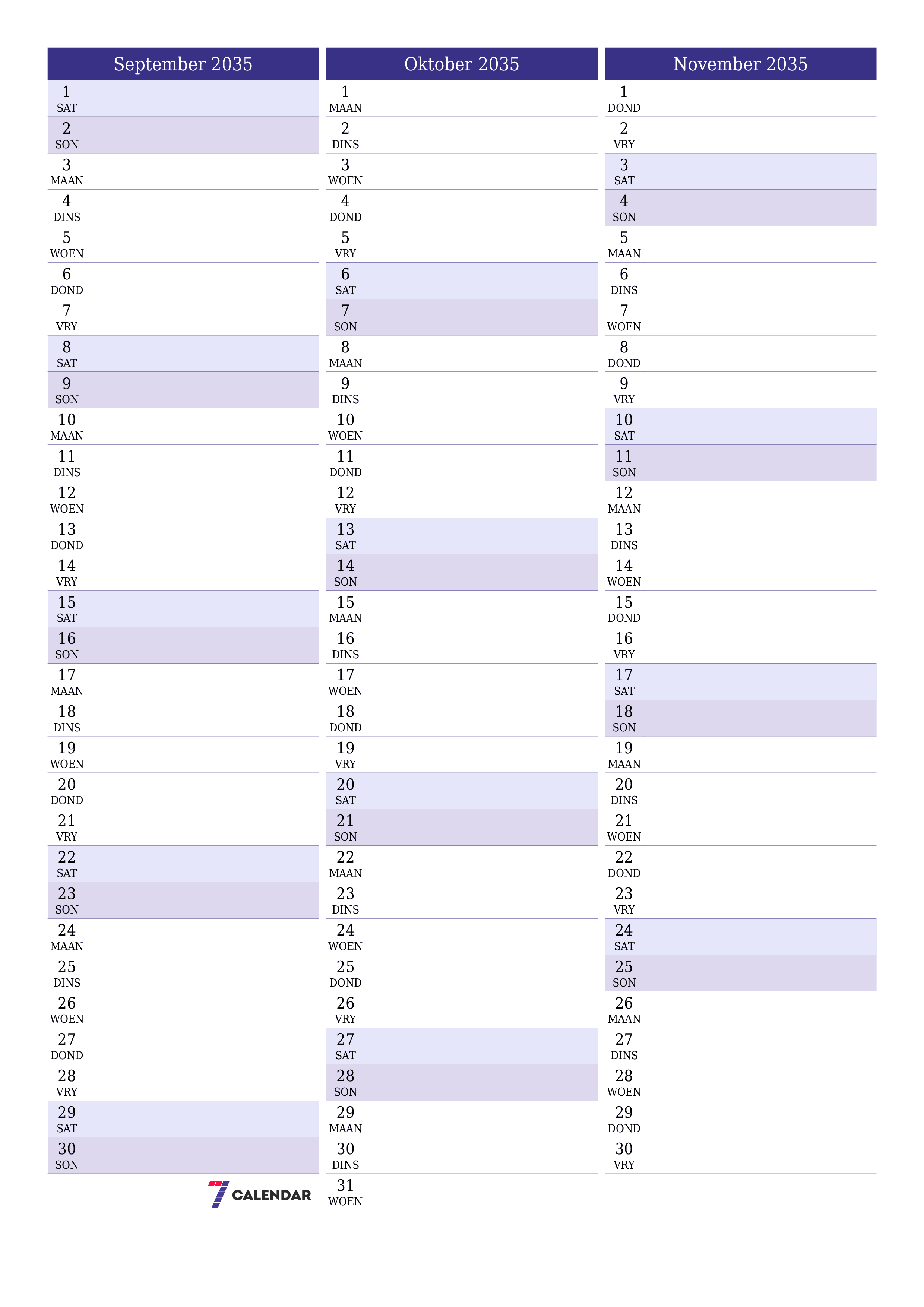 drukbare muur template gratis vertikaal Maandeliks beplanner kalender September (Sep) 2035