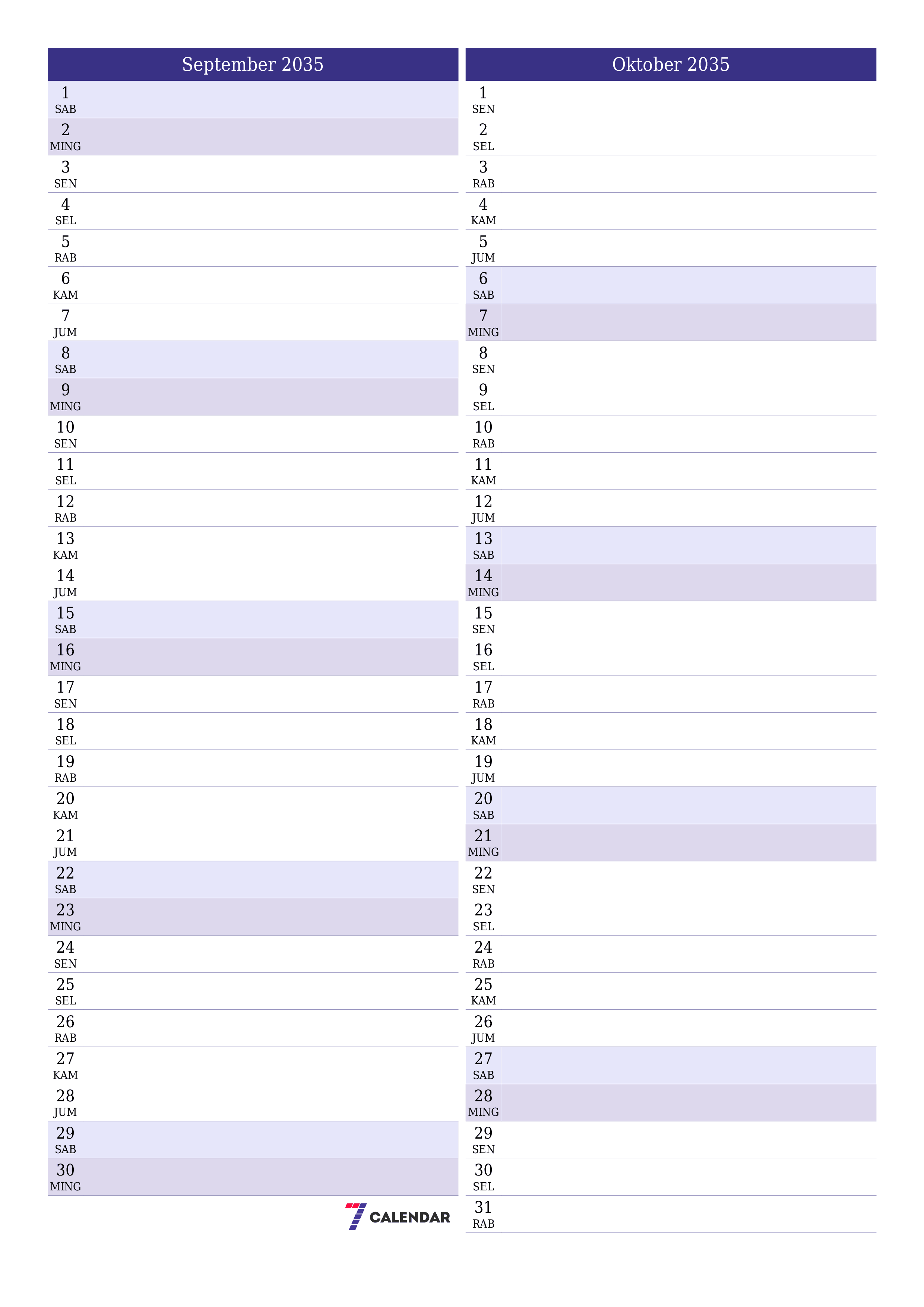  yang dapat dicetak dinding templat gratisvertikal Bulanan perencana kalender September (Sep) 2035