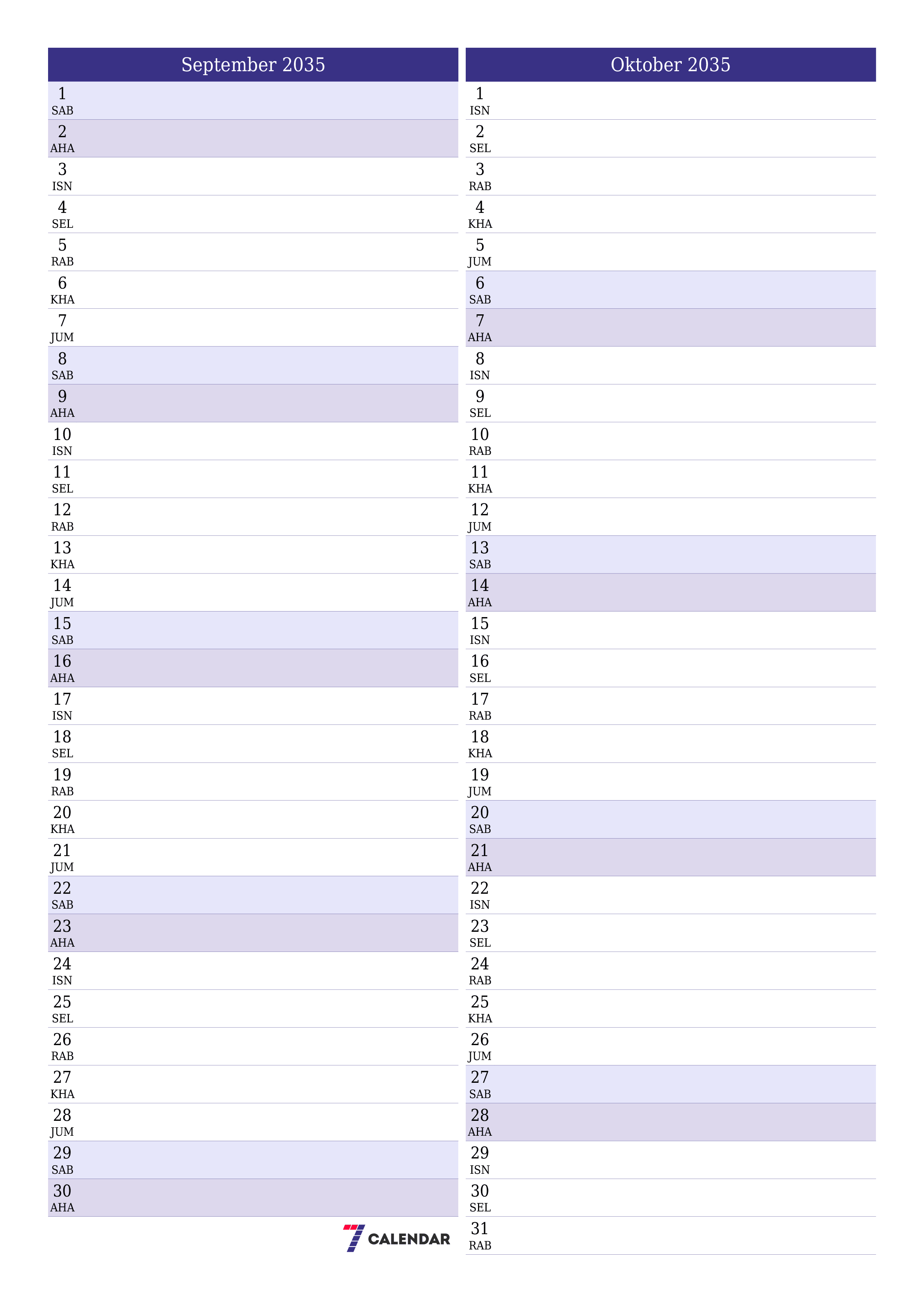 boleh cetak dinding templat percumamenegak Bulanan perancang kalendar September (Sep) 2035