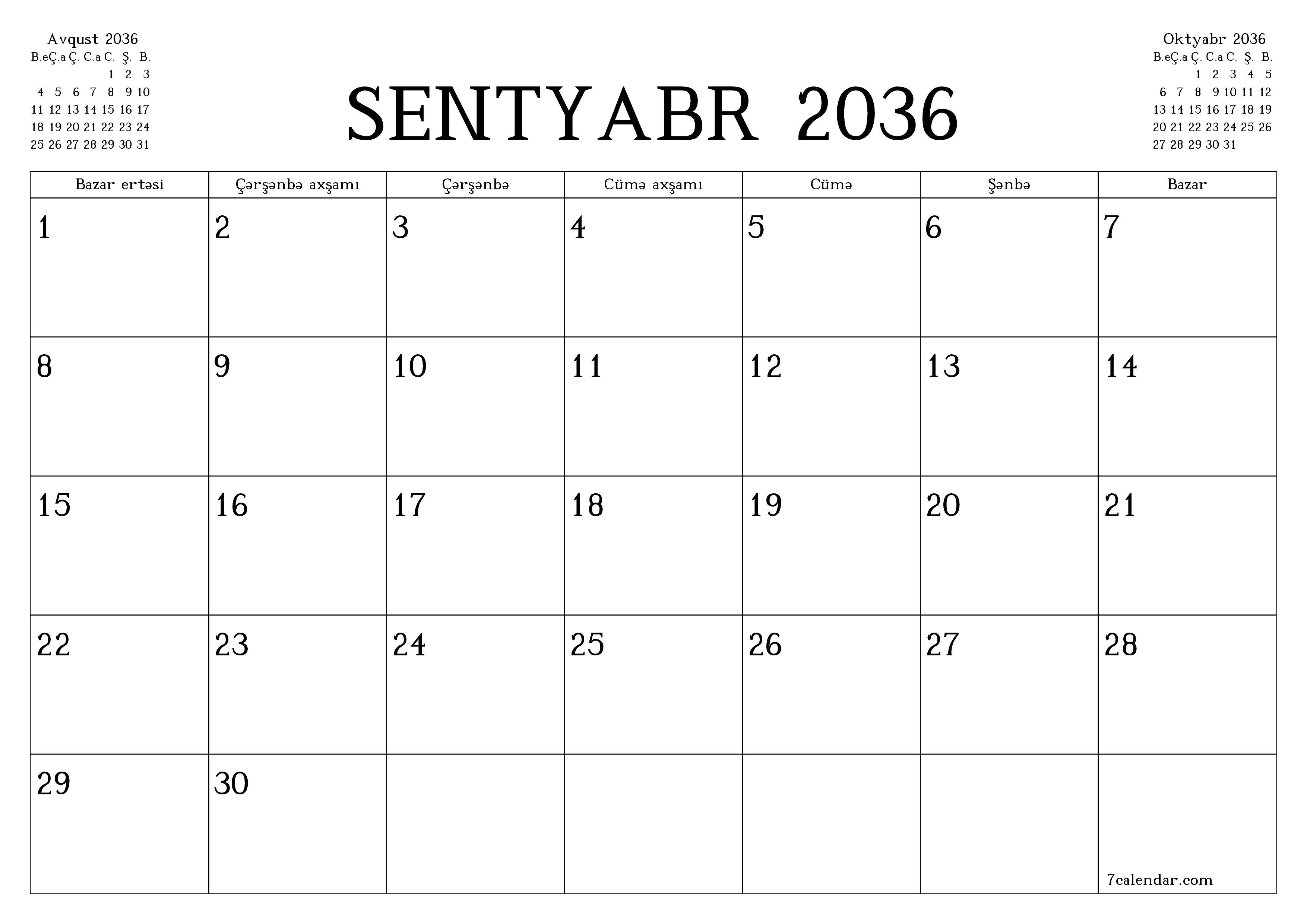 Sentyabr 2036 ayı üçün qeydlər ilə boş aylıq planlayıcı, qeyd edin və PDF-ə yazdırın PNG Azerbaijani