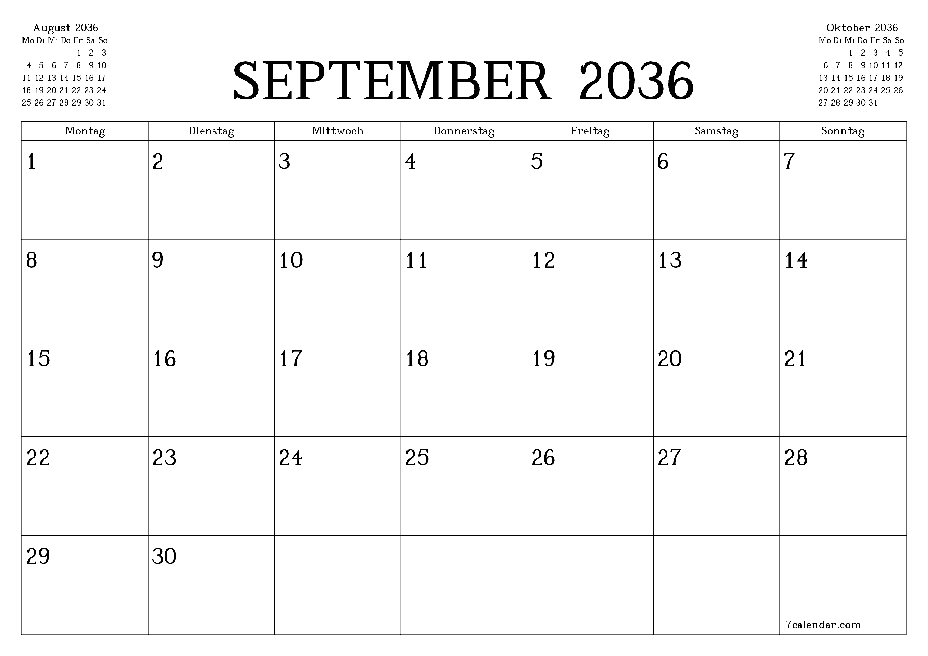 Monatsplaner für Monat September 2036 mit Notizen leeren, speichern und als PDF PNG German - 7calendar.com drucken