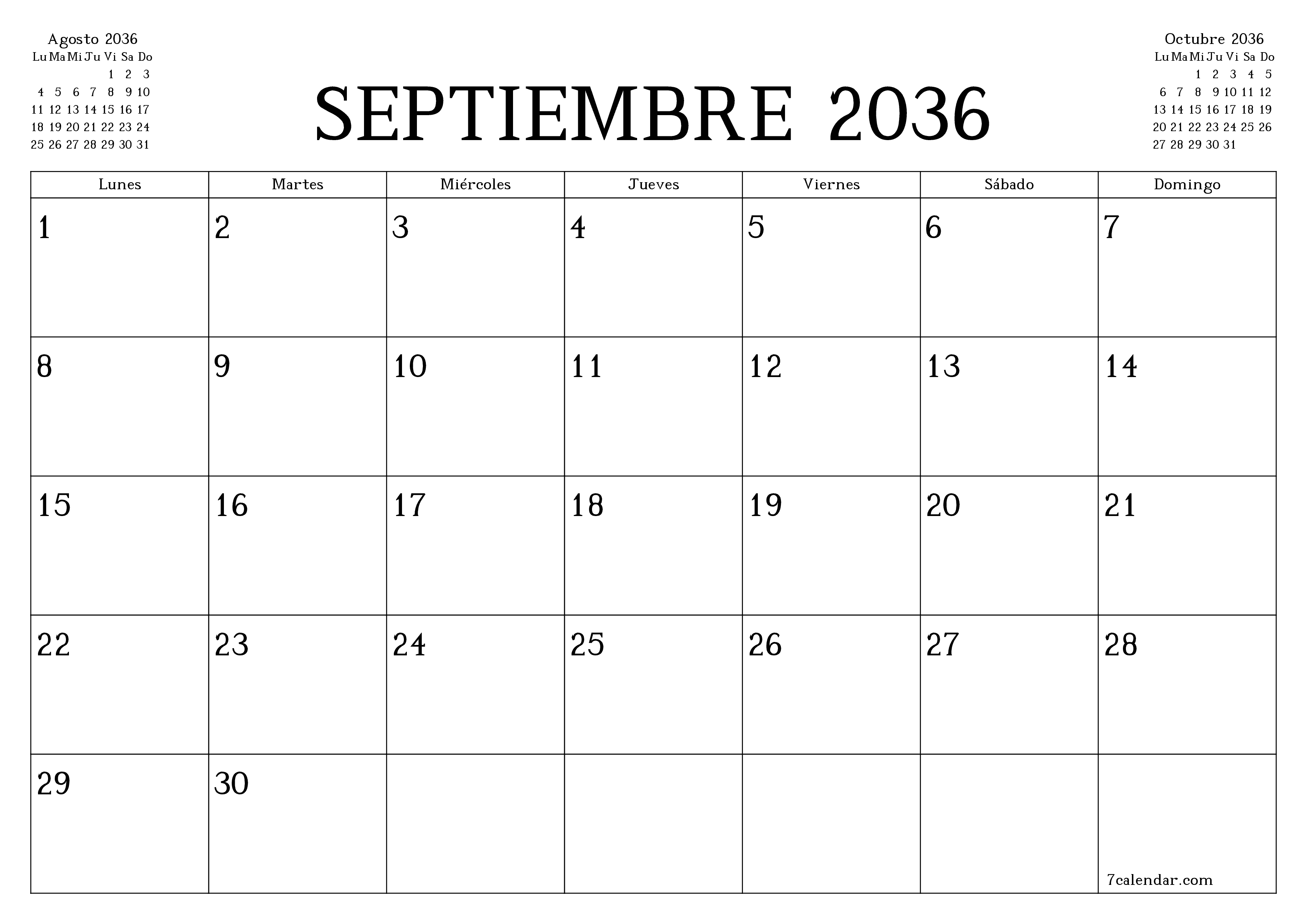Planificador mensual vacío para el mes Septiembre 2036 con notas, guardar e imprimir en PDF PNG Spanish