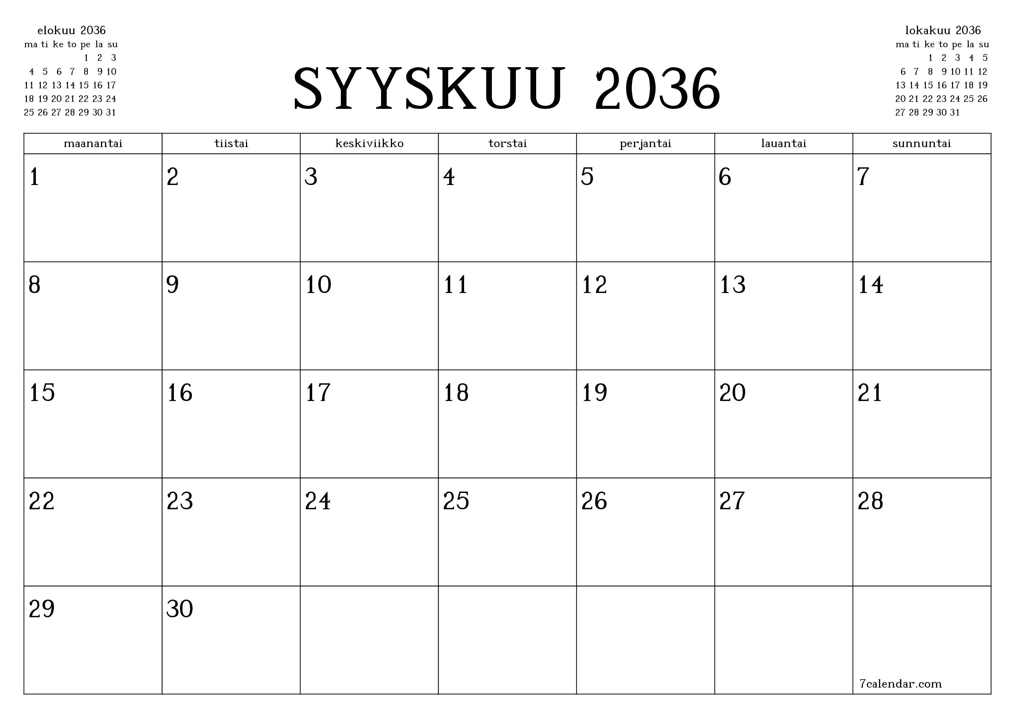 Tyhjennä kuukausittainen suunnittelija kuukaudelle Syyskuu 2036 muistiinpanoilla, tallenna ja tulosta PDF-muotoon PNG Finnish
