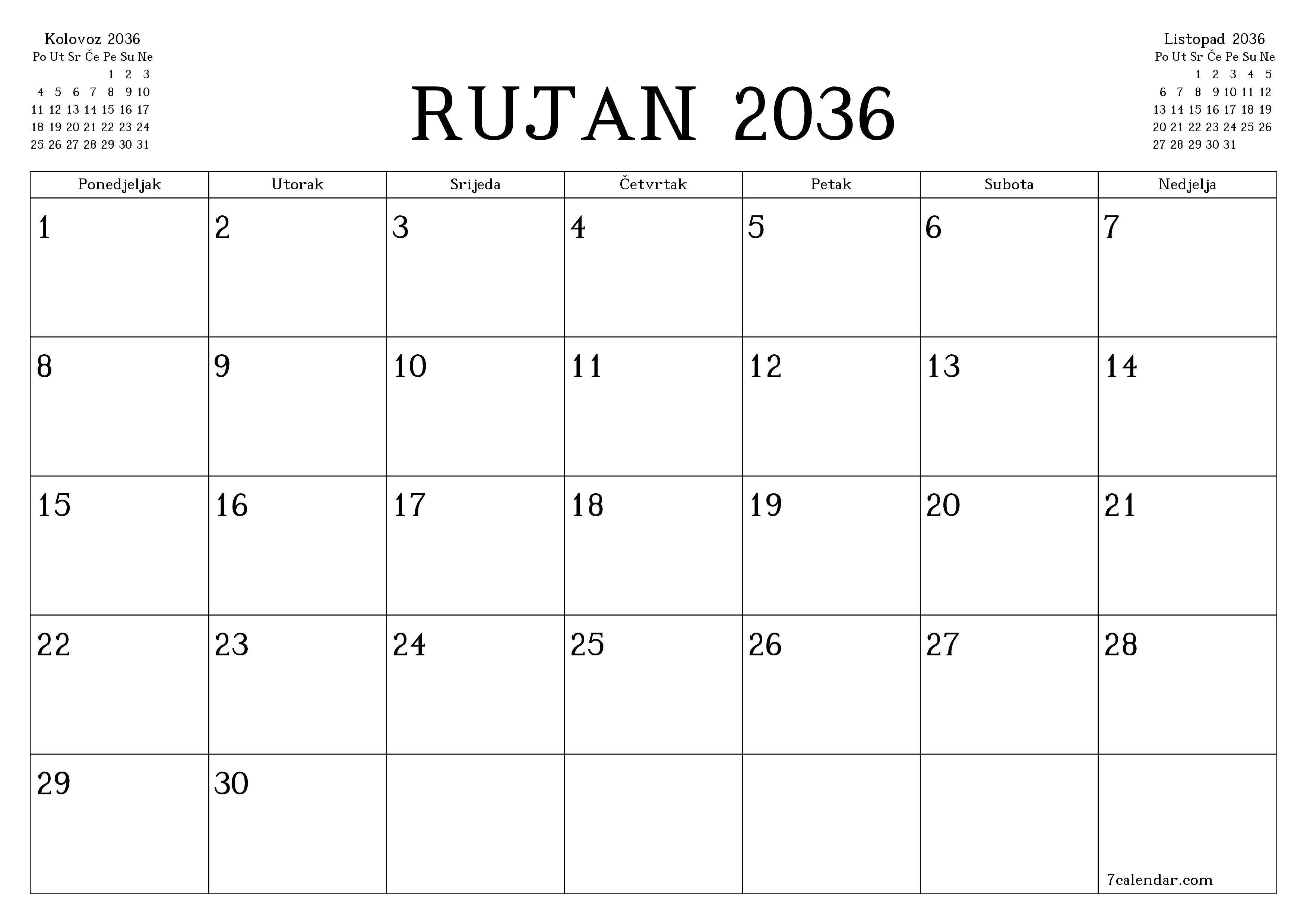 Ispraznite mjesečni planer za mjesec Rujan 2036 s bilješkama, spremite i ispišite u PDF PNG Croatian