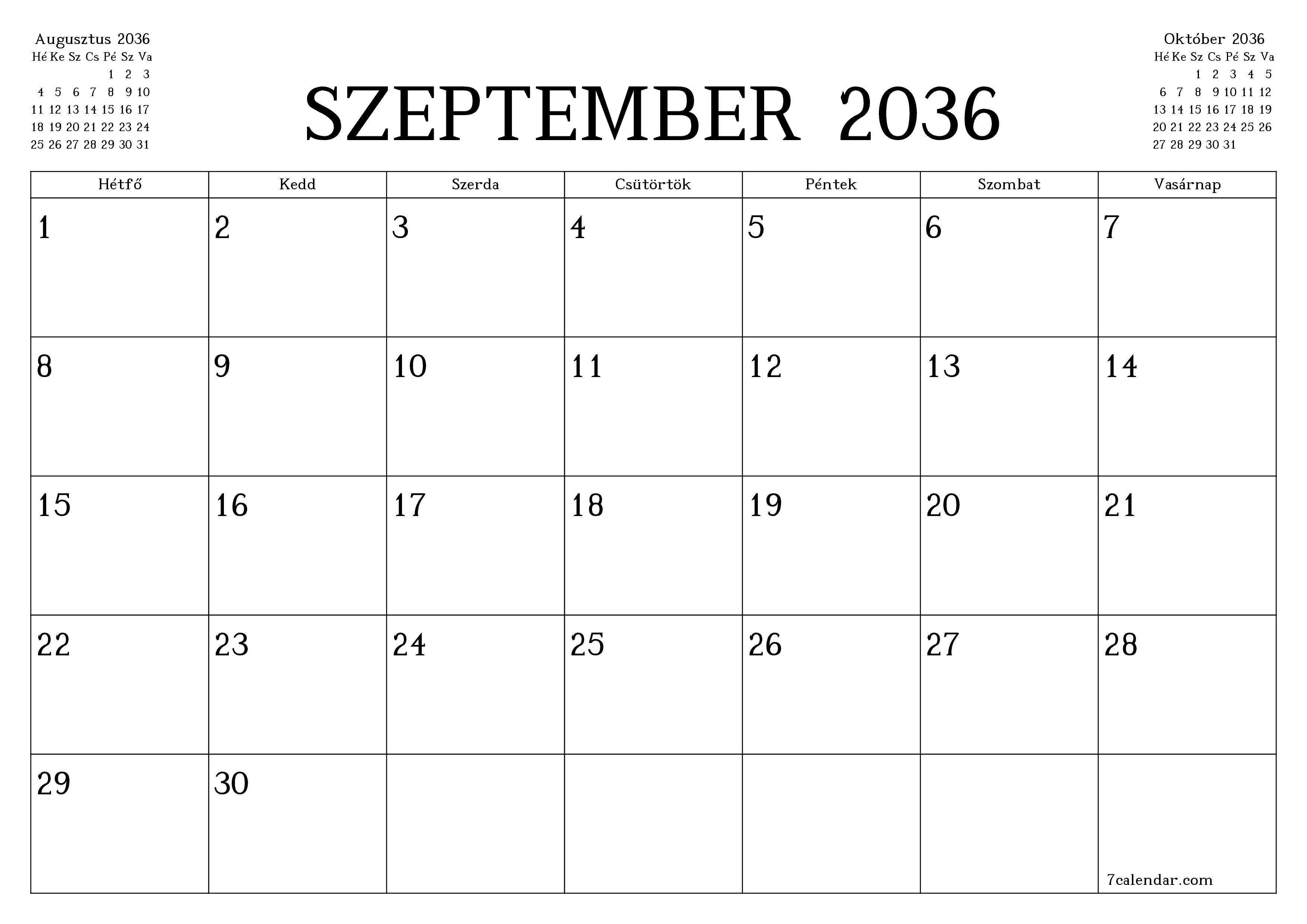 Üres havi tervező a Szeptember 2036 hónapra jegyzetekkel, mentés és nyomtatás PDF-be PNG Hungarian