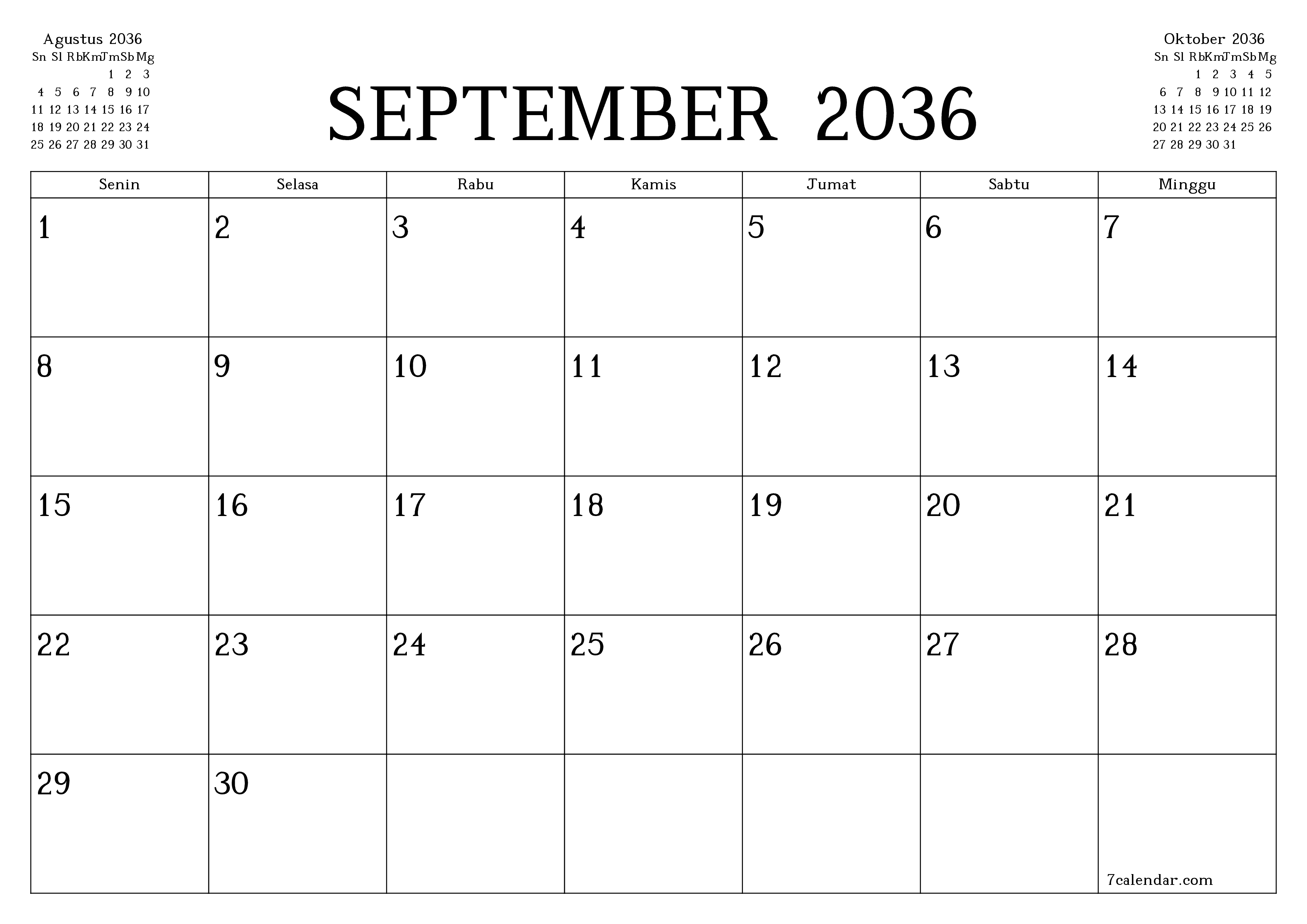 Kosongkan agenda bulanan untuk bulan September 2036 dengan catatan, simpan dan cetak ke PDF PNG Indonesian