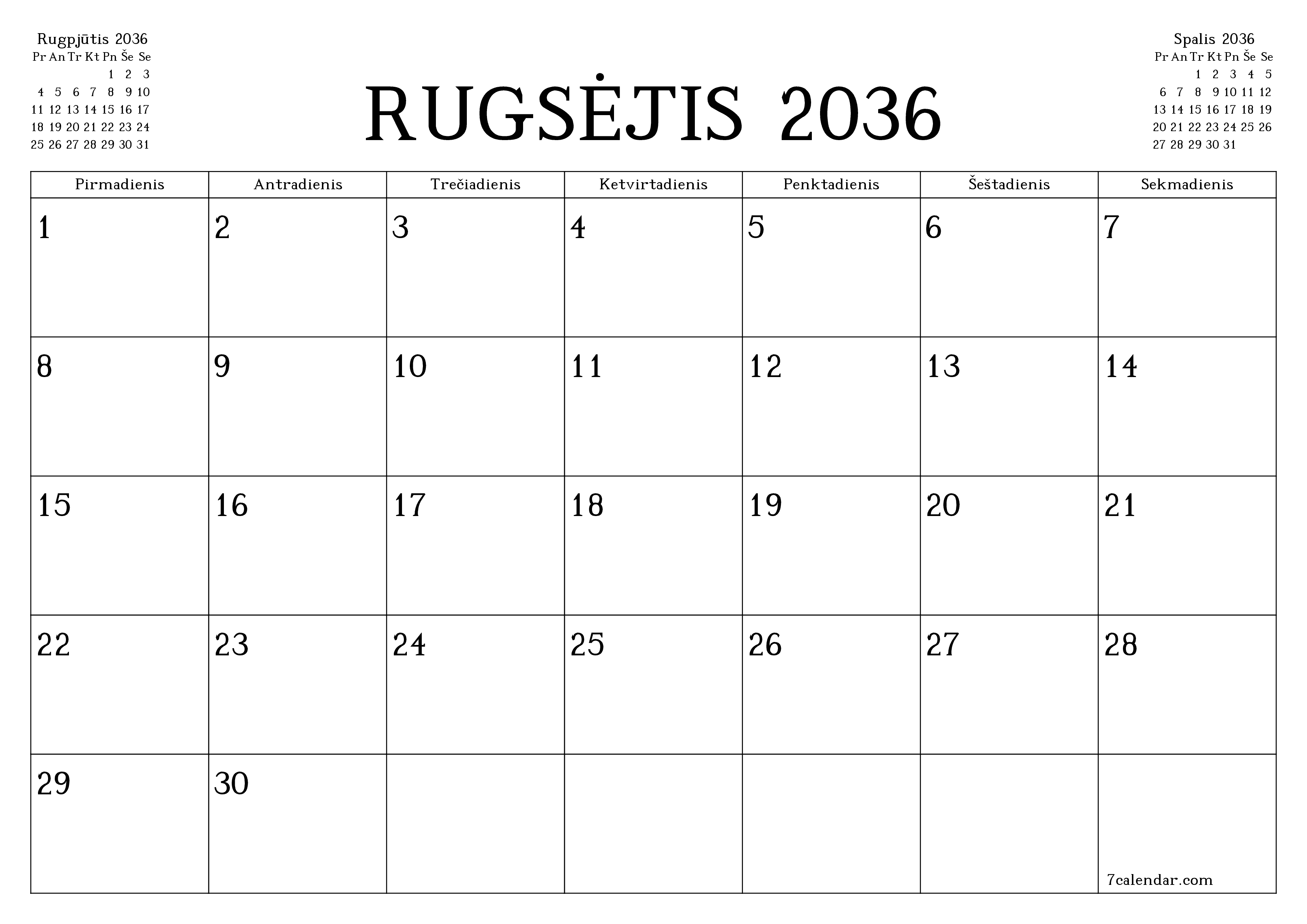 Ištuštinti mėnesio Rugsėjis 2036 mėnesio planavimo priemonę su užrašais, išsaugoti ir atsispausdinti PDF formate PNG Lithuanian