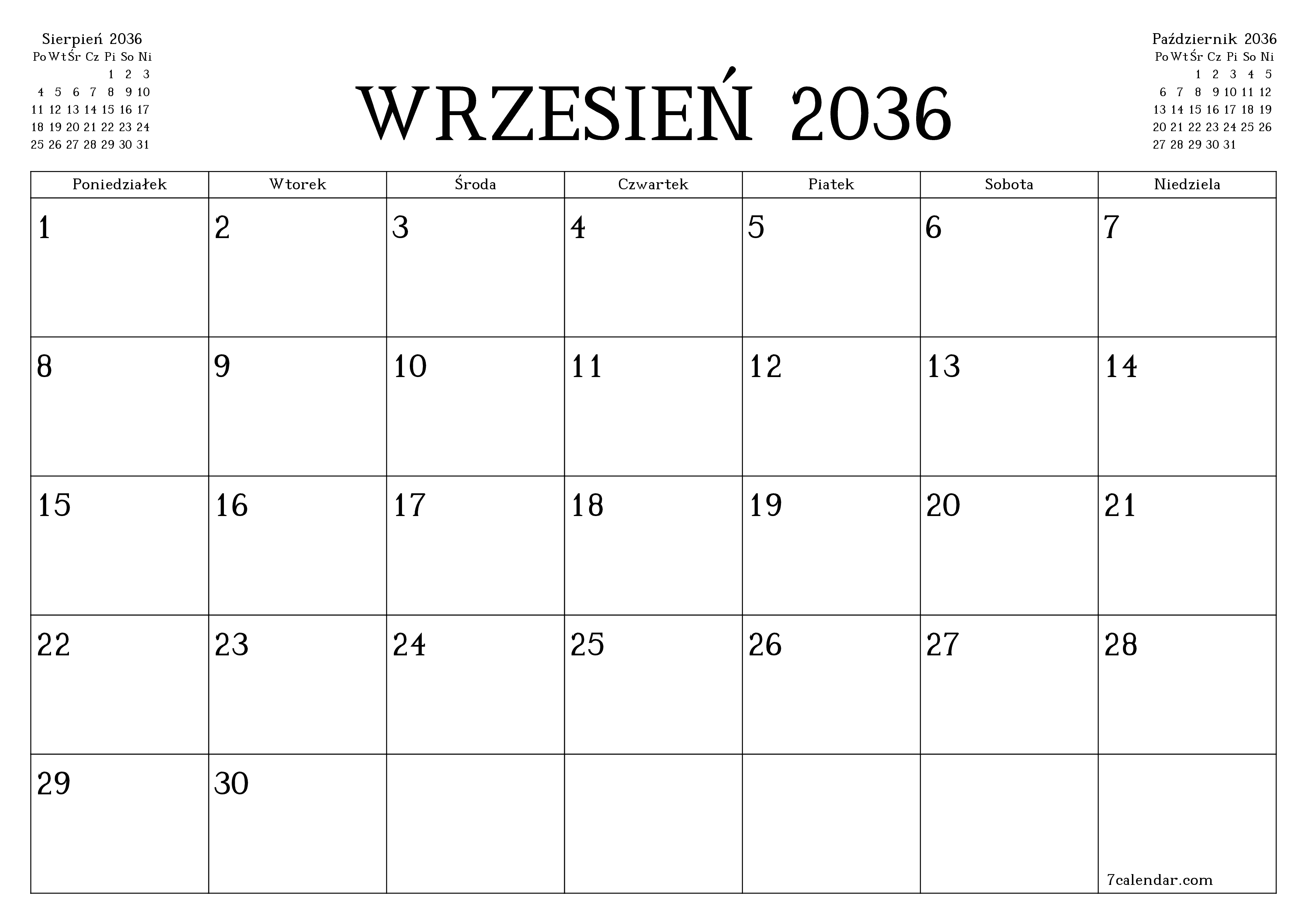 Opróżnij miesięczny planer na miesiąc Wrzesień 2036 z notatkami, zapisz i wydrukuj w formacie PDF PNG Polish