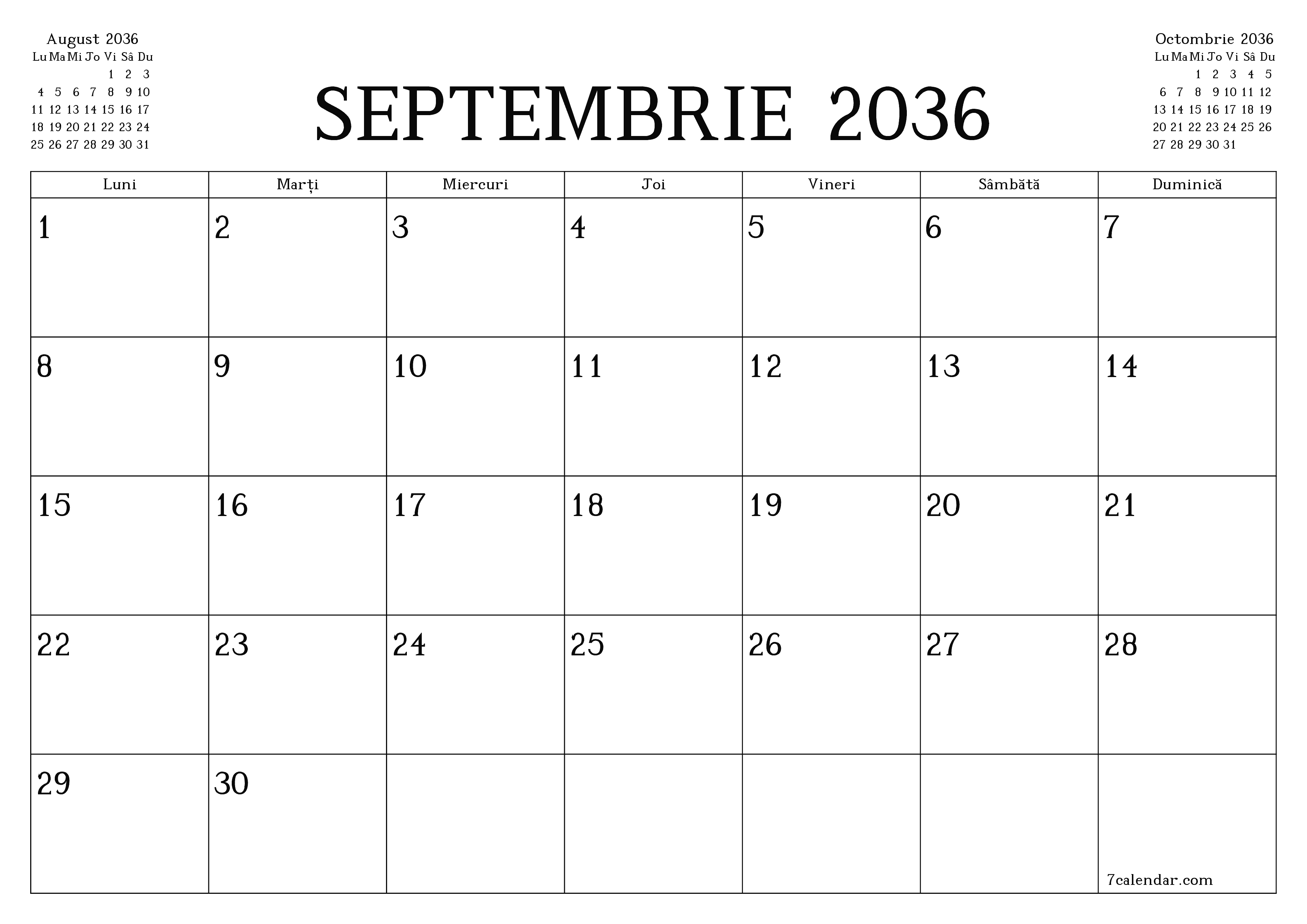 Planificator lunar gol pentru luna Septembrie 2036 cu note, salvați și tipăriți în PDF PNG Romanian