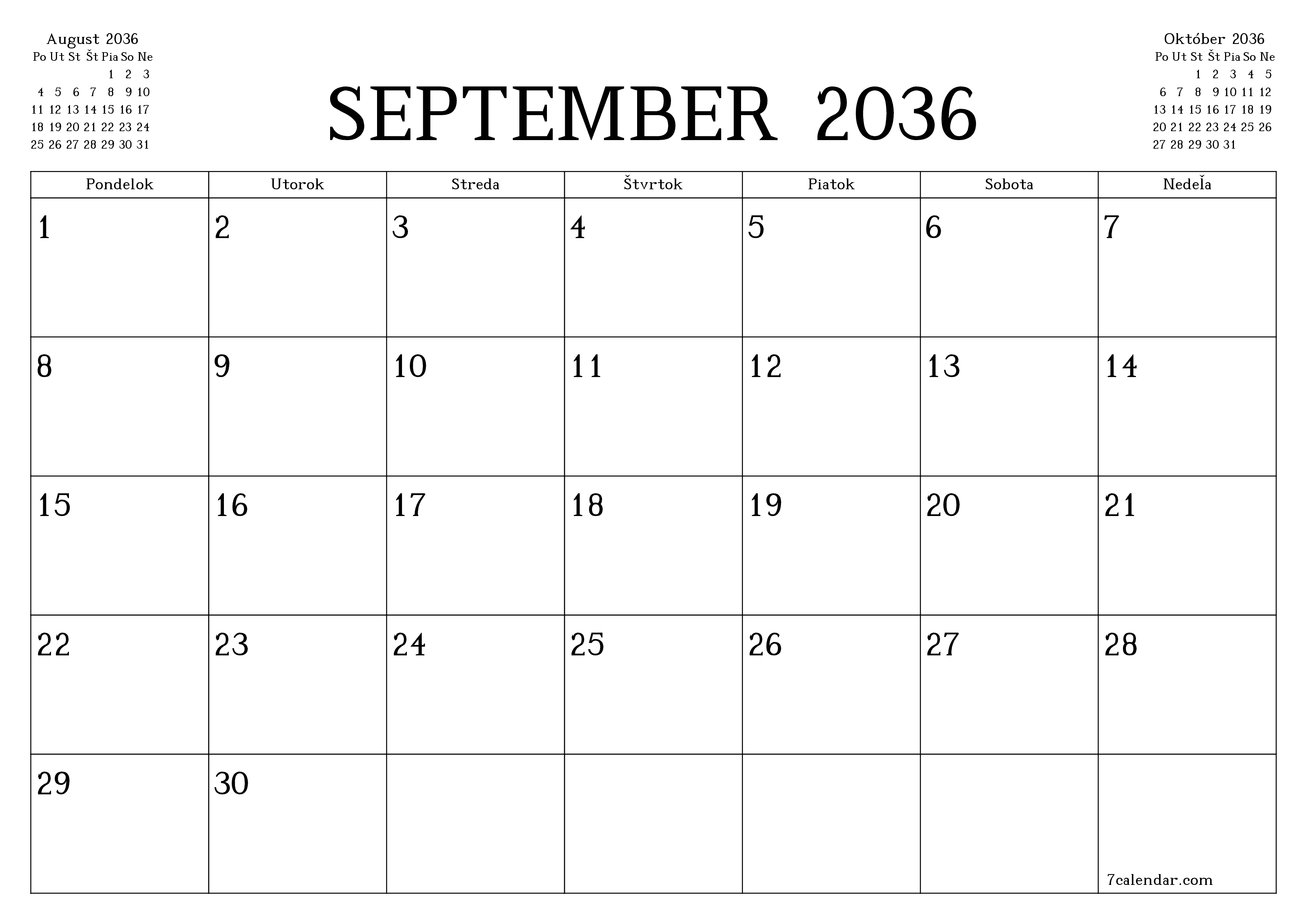 Prázdny mesačný plánovač na mesiac September 2036 s poznámkami, uloženie a tlač do PDF PNG Slovak