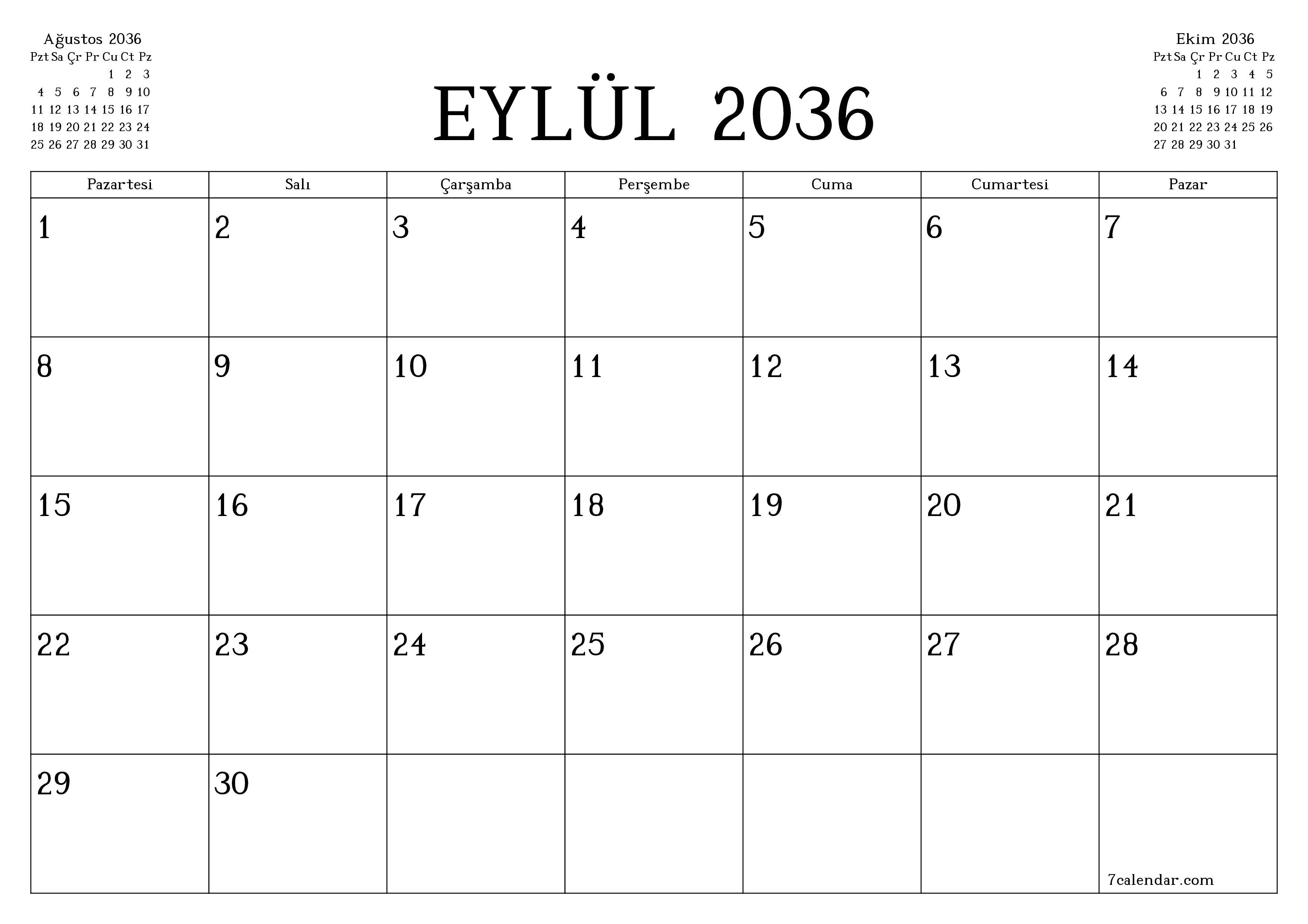 Eylül 2036 ayı için notlarla birlikte boş aylık planlayıcı, kaydedin ve PDF'ye yazdırın PNG Turkish