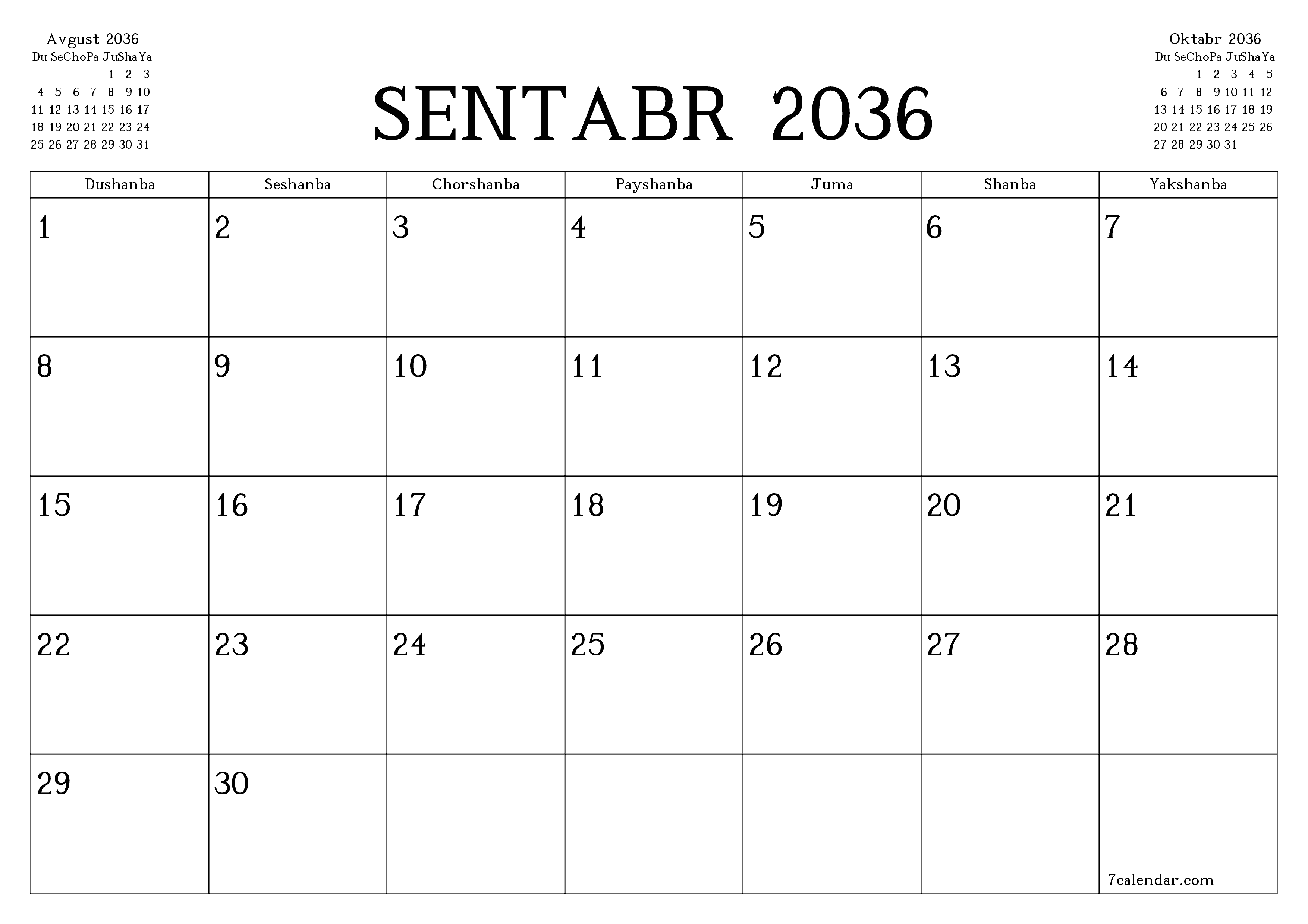 Sentabr 2036 oylik oylik rejalashtiruvchini yozuvlar bilan bo'shatish, saqlash va PDF-ga chop etish PNG Uzbek