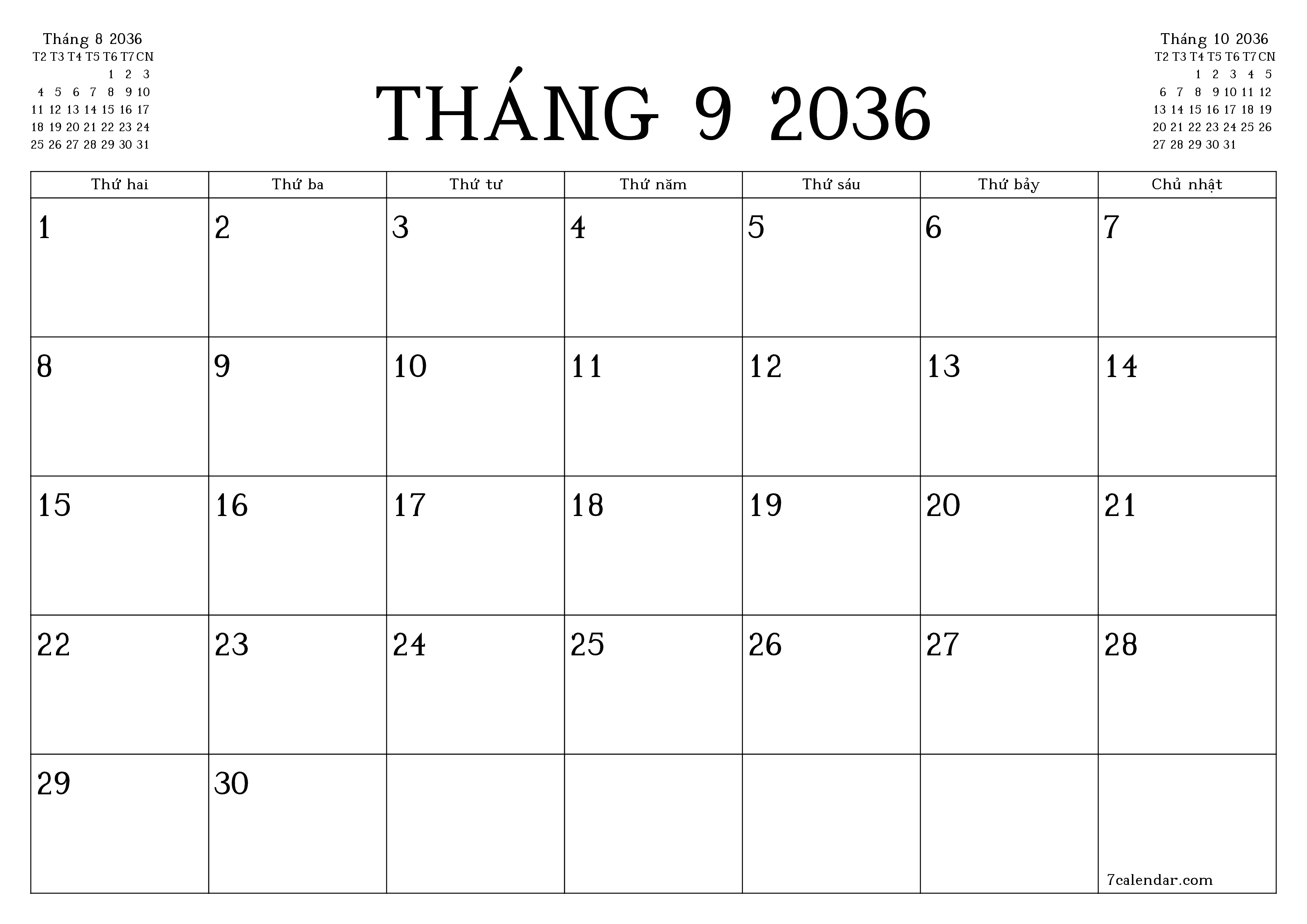 Công cụ lập kế hoạch hàng tháng trống cho tháng Tháng 9 2036 có ghi chú, lưu và in sang PDF PNG Vietnamese