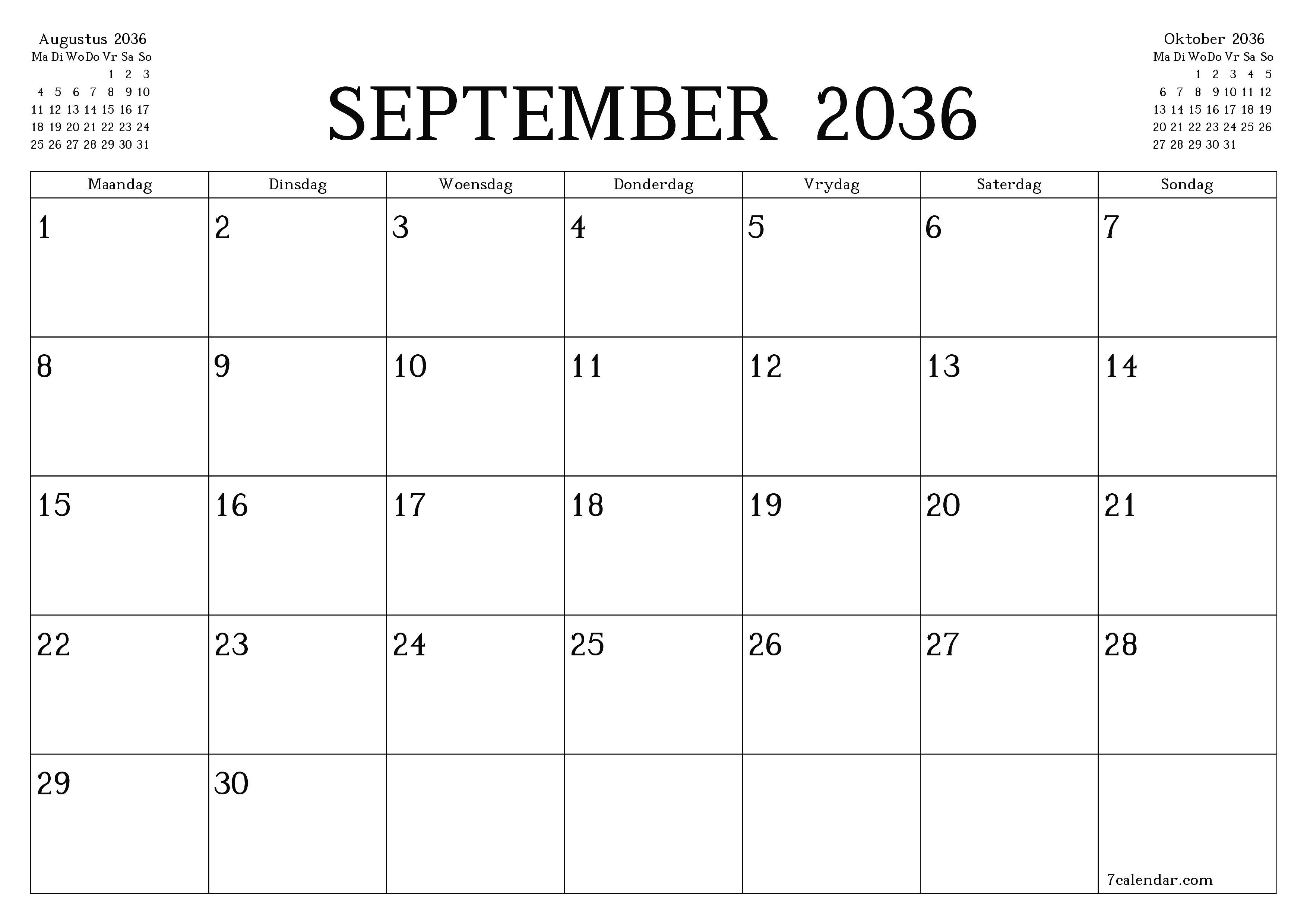 Leë maandelikse drukbare kalender en beplanner vir maand September 2036 met notas stoor en druk na PDF PNG Afrikaans