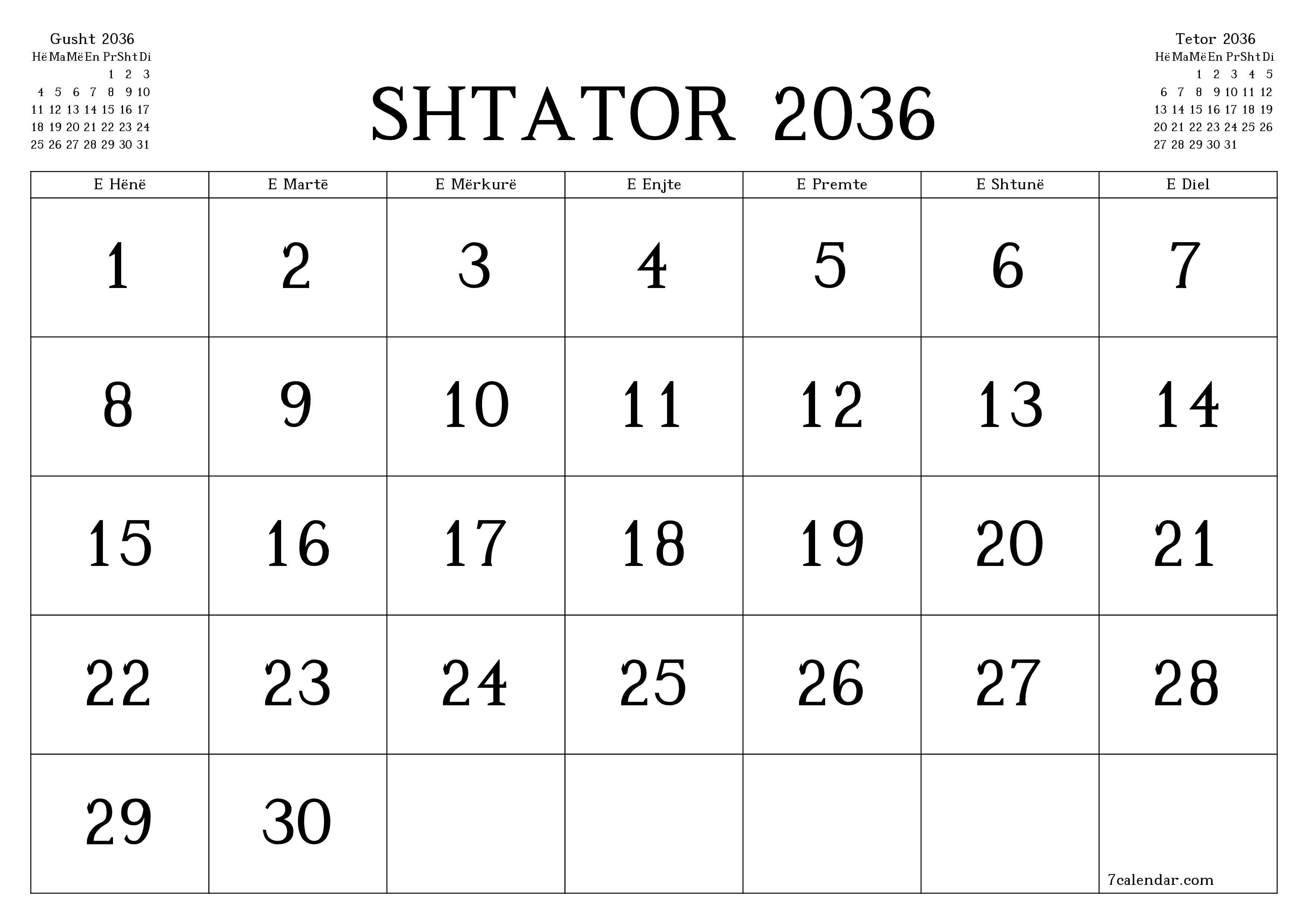 Planifikuesi i zbrazët i kalendarit mujor për muajin Shtator 2036 me shënime të ruajtura dhe të printuara në PDF PNG Albanian