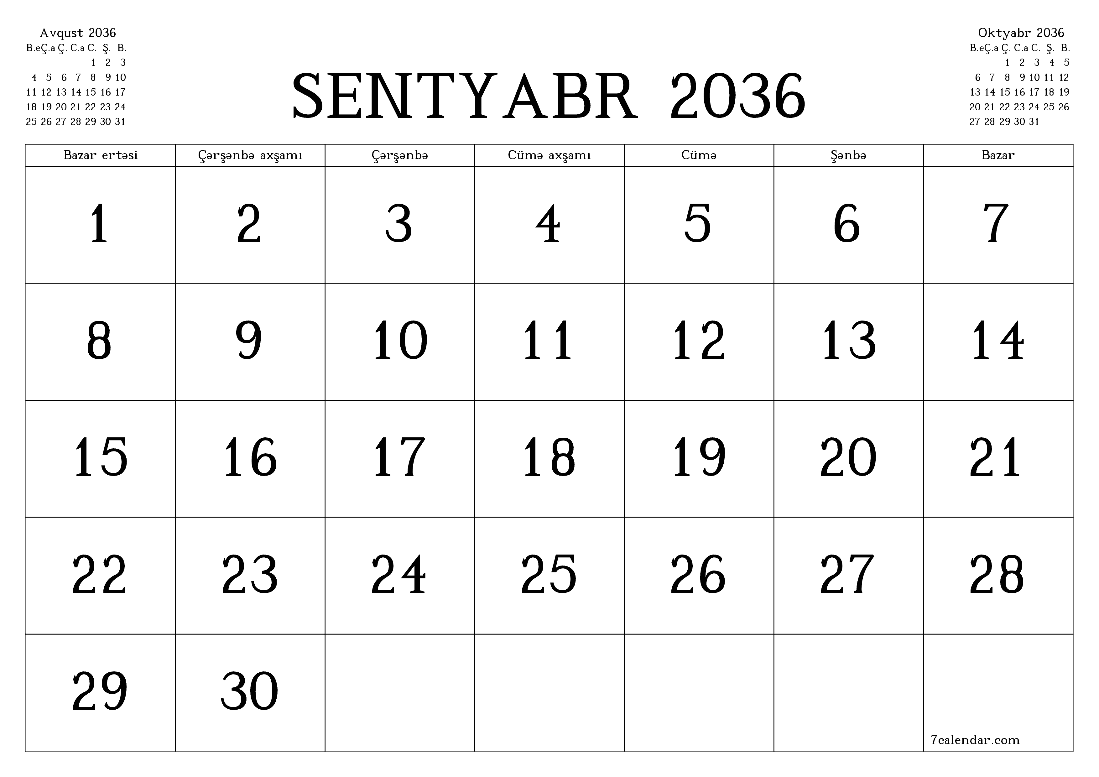 Sentyabr 2036 ayı üçün qeydlər ilə boş aylıq planlayıcı, qeyd edin və PDF-ə yazdırın PNG Azerbaijani