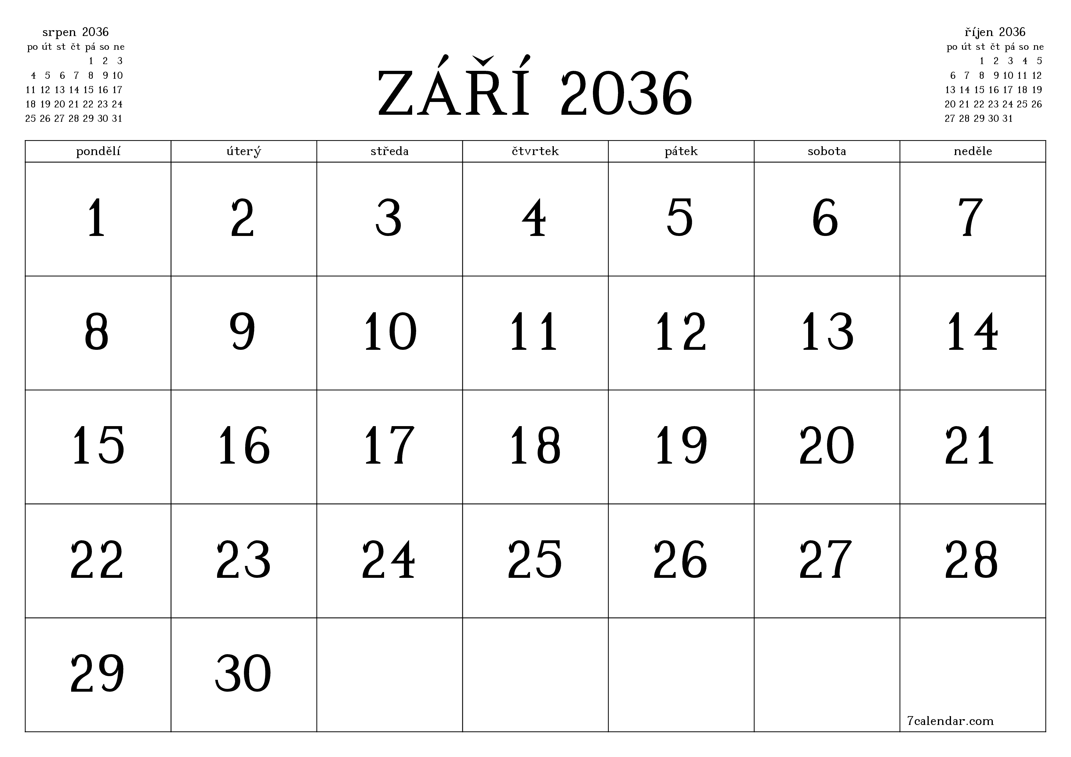 Vyprázdnit měsíční plánovač na měsíc září 2036 s poznámkami, uložit a vytisknout do PDF PNG Czech
