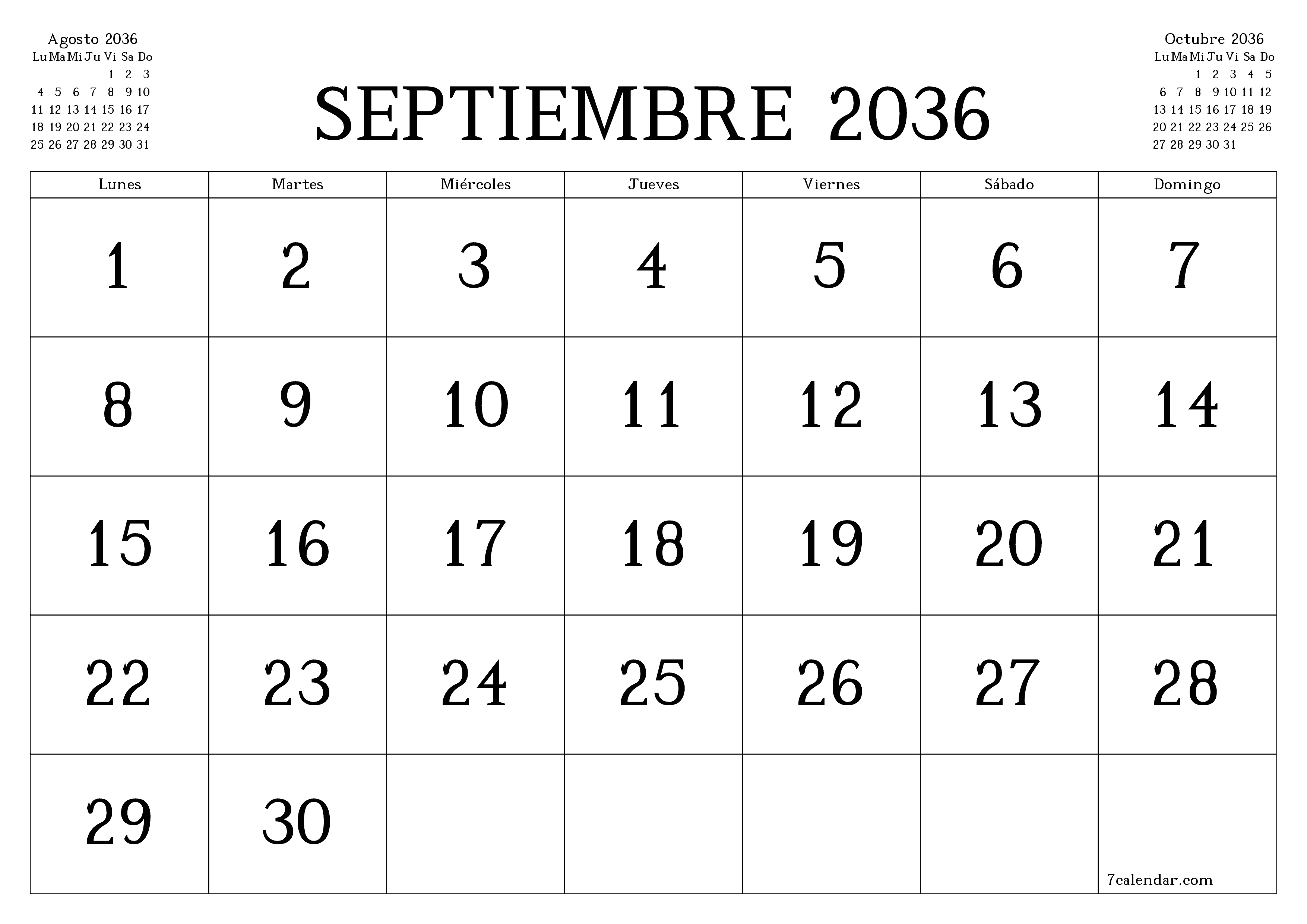 Planificador mensual vacío para el mes Septiembre 2036 con notas, guardar e imprimir en PDF PNG Spanish