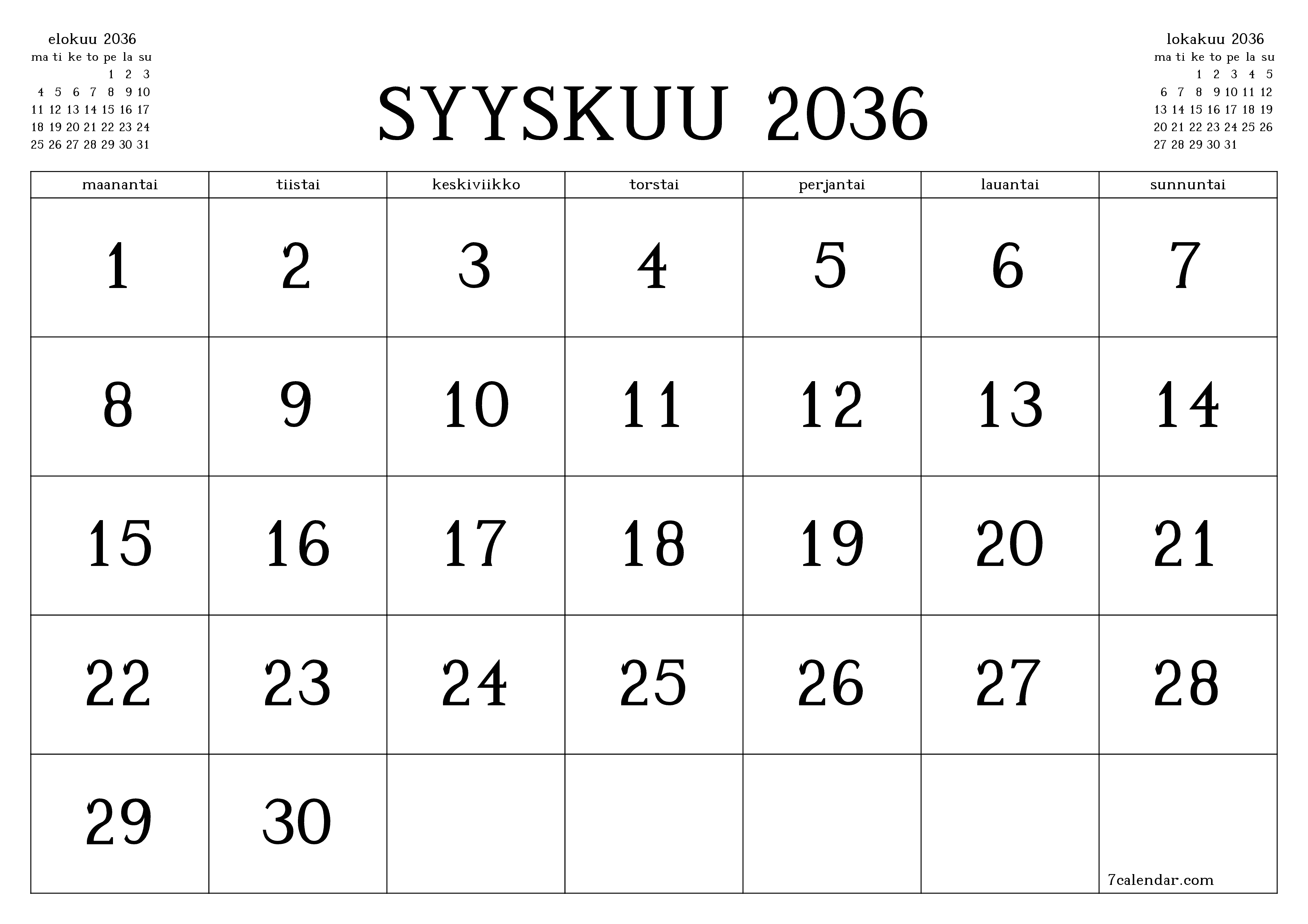 Tyhjennä kuukausittainen suunnittelija kuukaudelle Syyskuu 2036 muistiinpanoilla, tallenna ja tulosta PDF-muotoon PNG Finnish