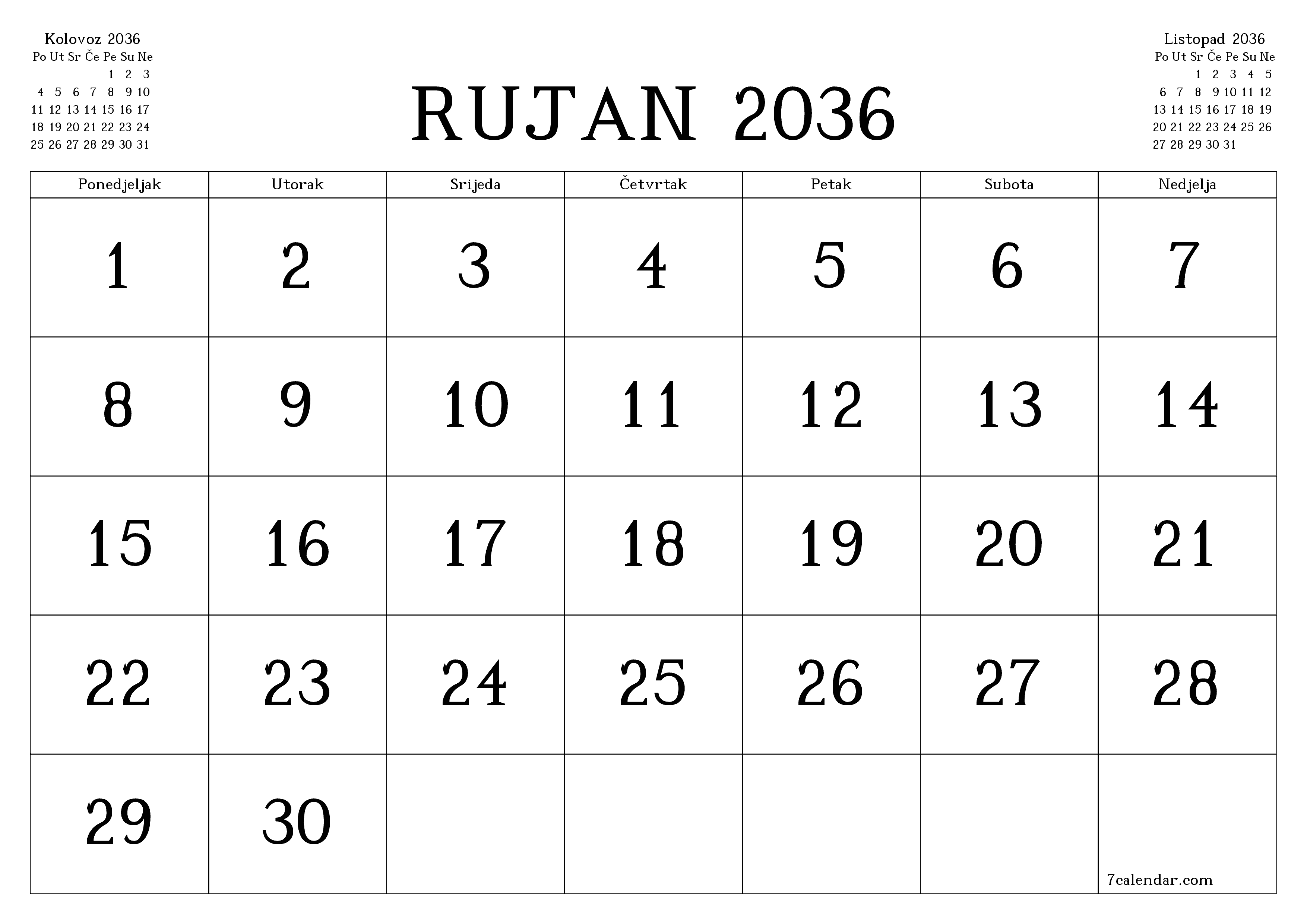 Ispraznite mjesečni planer za mjesec Rujan 2036 s bilješkama, spremite i ispišite u PDF PNG Croatian