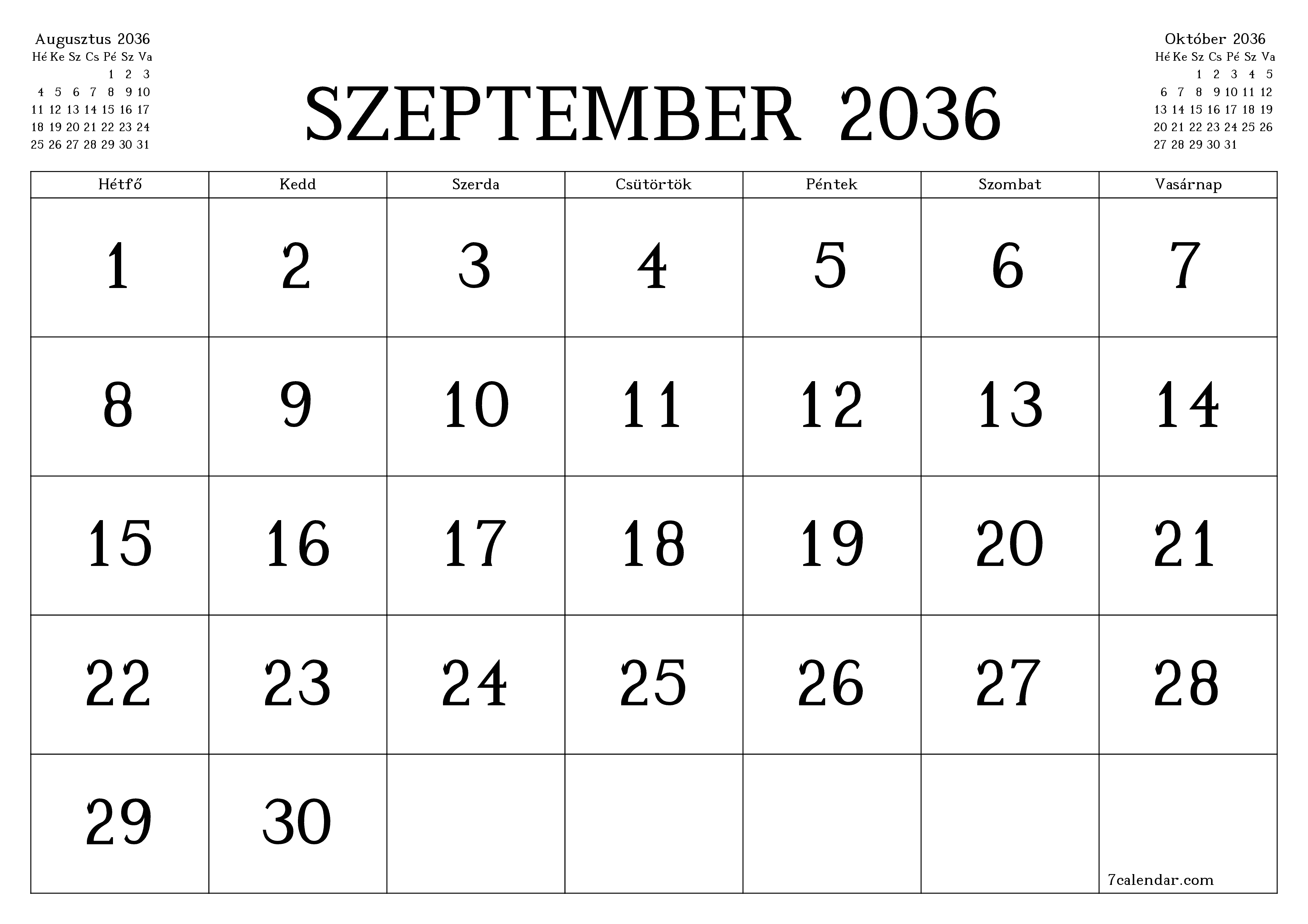 Üres havi tervező a Szeptember 2036 hónapra jegyzetekkel, mentés és nyomtatás PDF-be PNG Hungarian