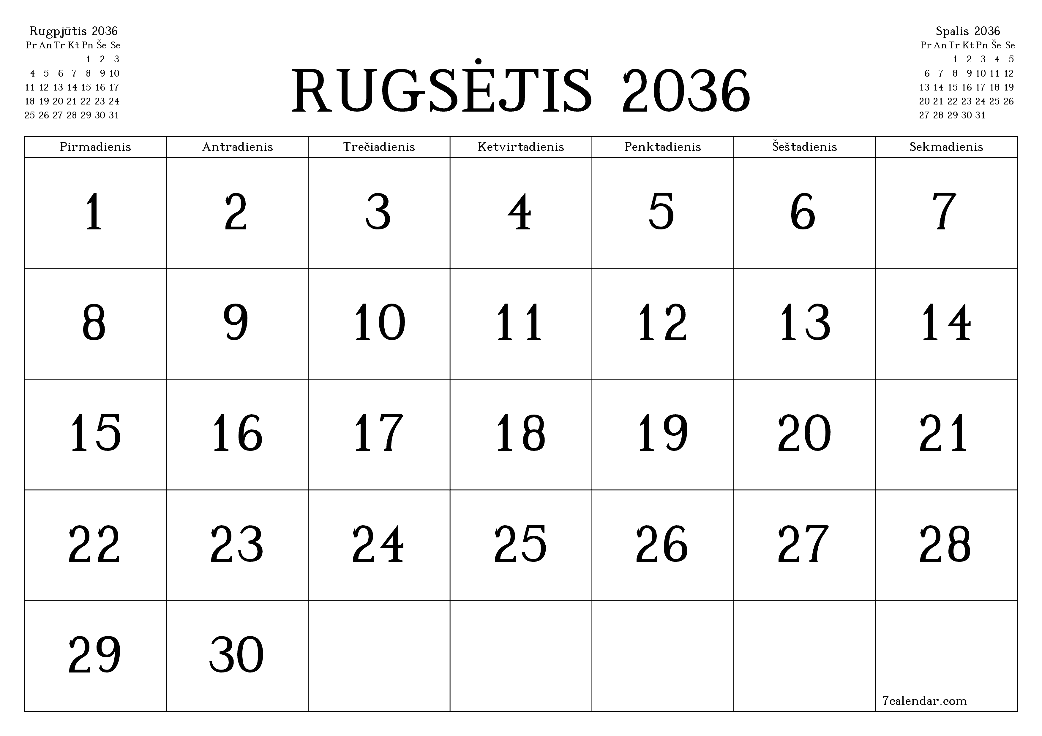 Ištuštinti mėnesio Rugsėjis 2036 mėnesio planavimo priemonę su užrašais, išsaugoti ir atsispausdinti PDF formate PNG Lithuanian