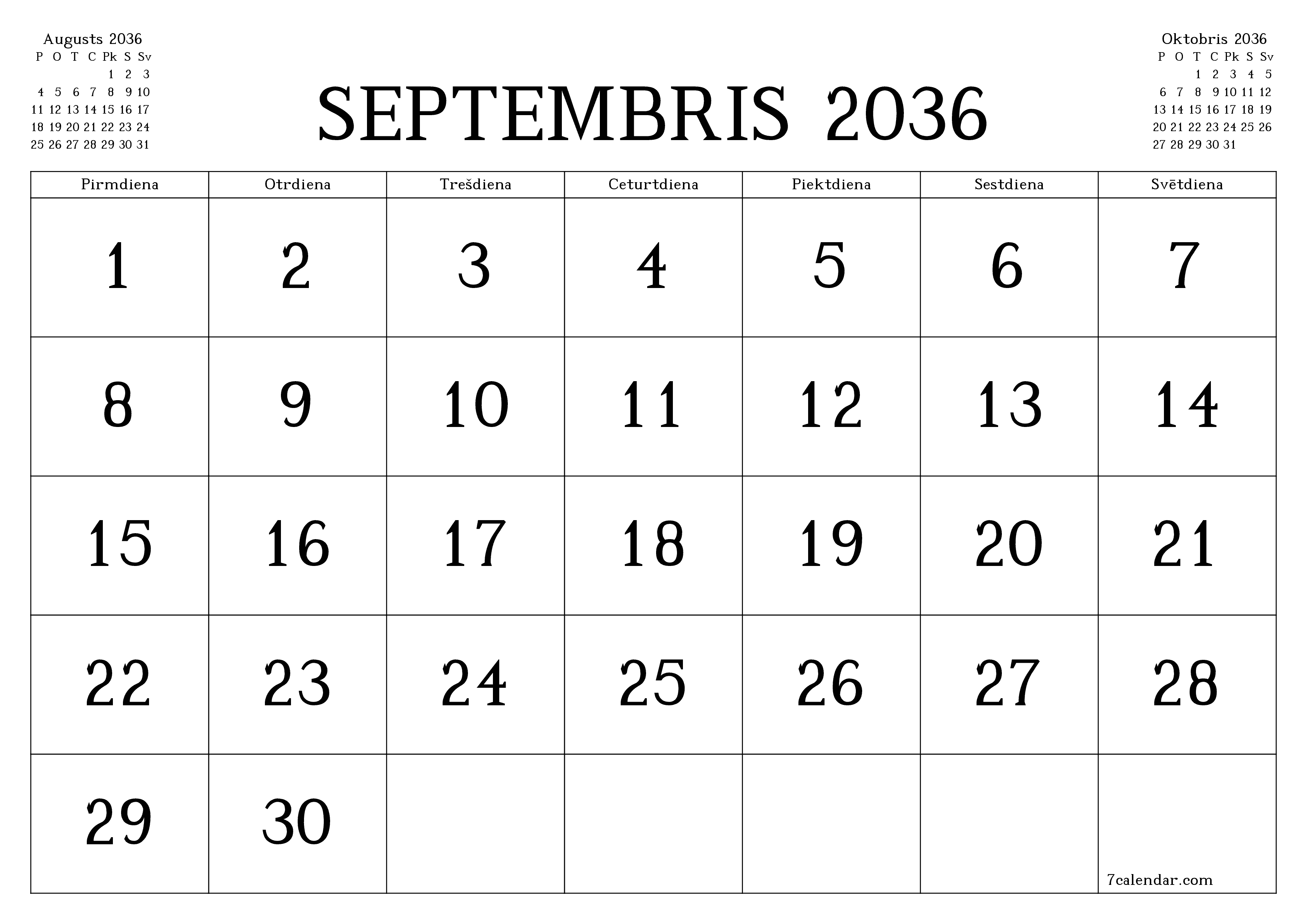 Iztukšot mēneša plānotāju mēnesim Septembris 2036 ar piezīmēm, saglabāt un izdrukāt PDF formātā PNG Latvian
