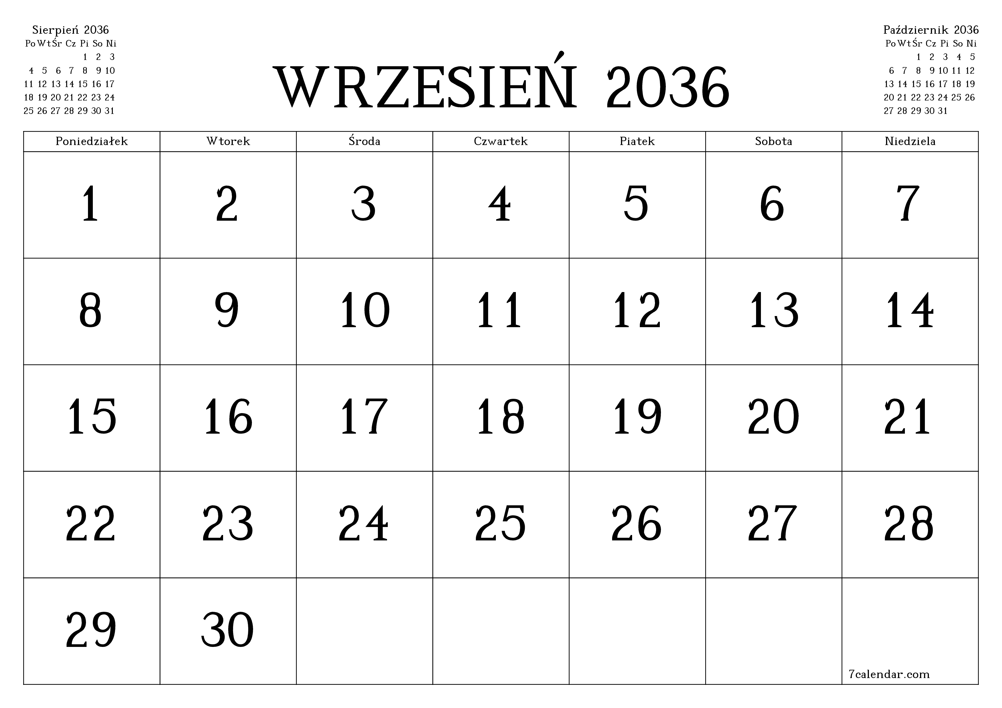 Opróżnij miesięczny planer na miesiąc Wrzesień 2036 z notatkami, zapisz i wydrukuj w formacie PDF PNG Polish