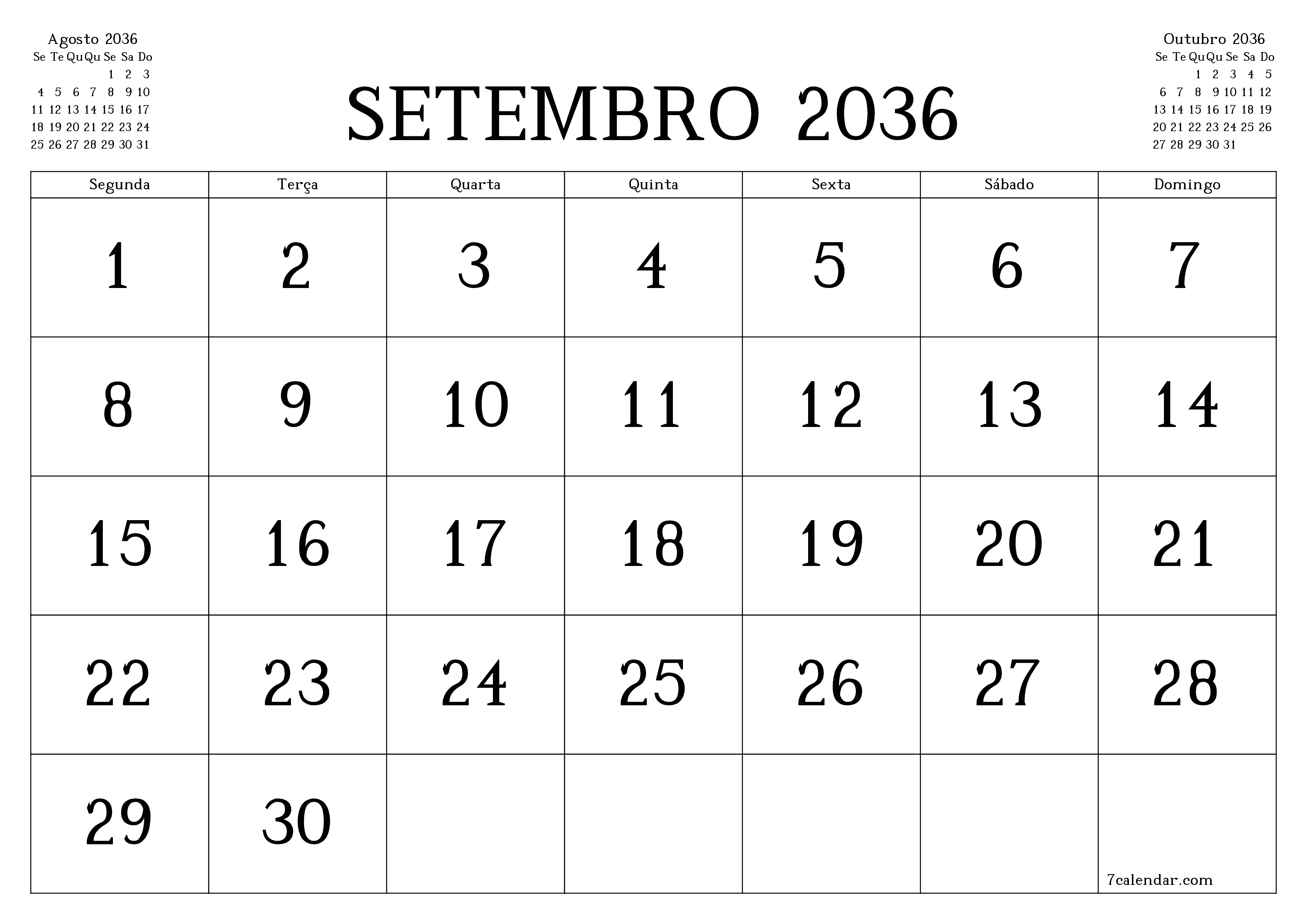 Esvazie o planejador mensal para o mês Setembro 2036 com notas, salve e imprima em PDF PNG Portuguese