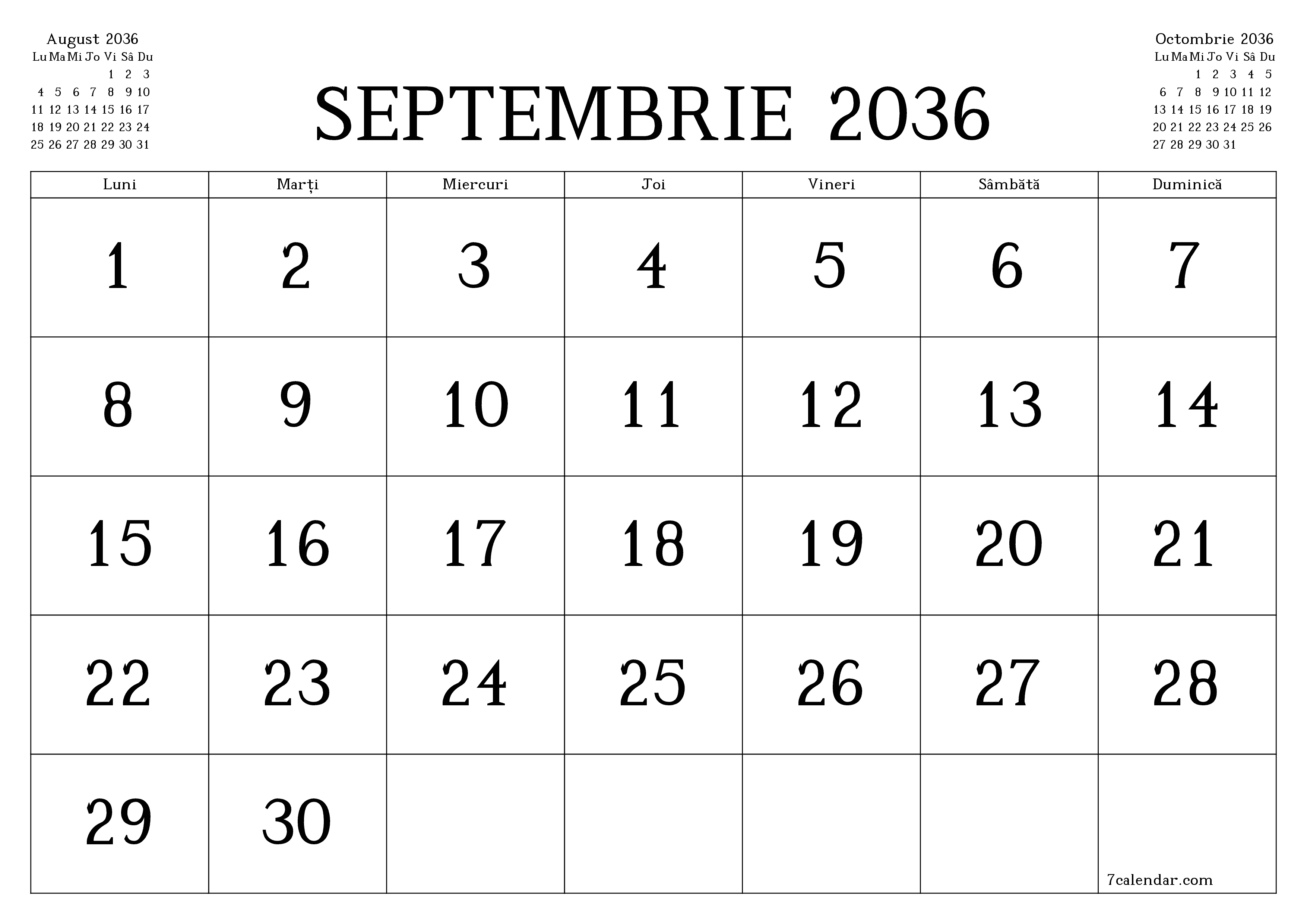 Planificator lunar gol pentru luna Septembrie 2036 cu note, salvați și tipăriți în PDF PNG Romanian