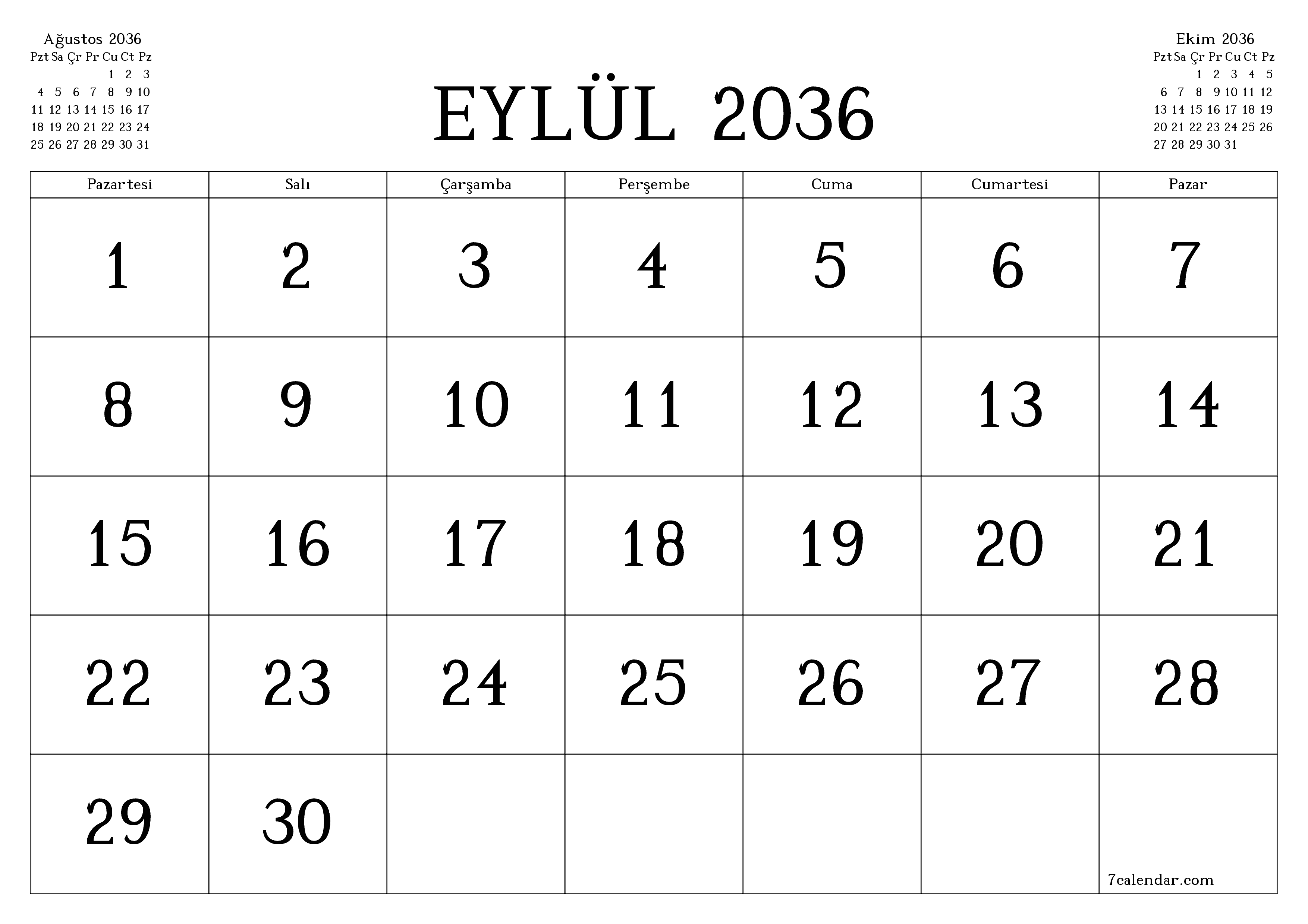 Eylül 2036 ayı için notlarla birlikte boş aylık planlayıcı, kaydedin ve PDF'ye yazdırın PNG Turkish