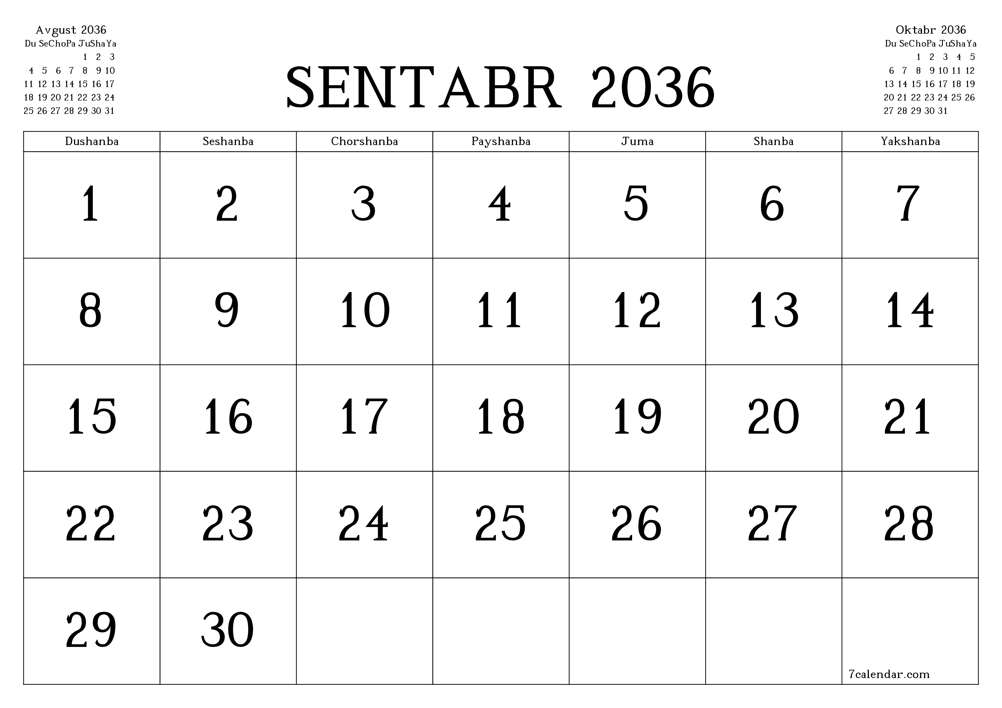 Sentabr 2036 oylik oylik rejalashtiruvchini yozuvlar bilan bo'shatish, saqlash va PDF-ga chop etish PNG Uzbek