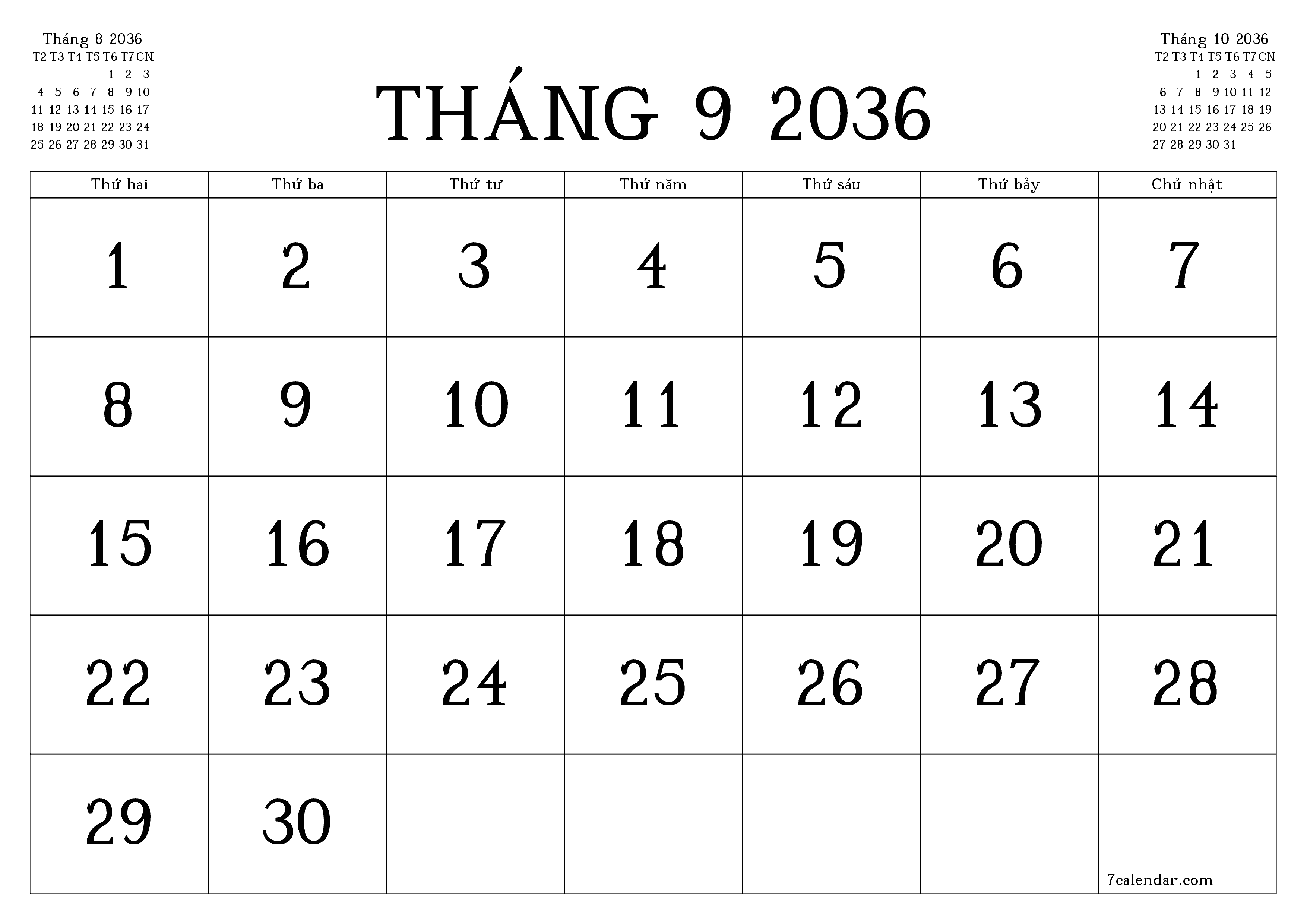 Công cụ lập kế hoạch hàng tháng trống cho tháng Tháng 9 2036 có ghi chú, lưu và in sang PDF PNG Vietnamese