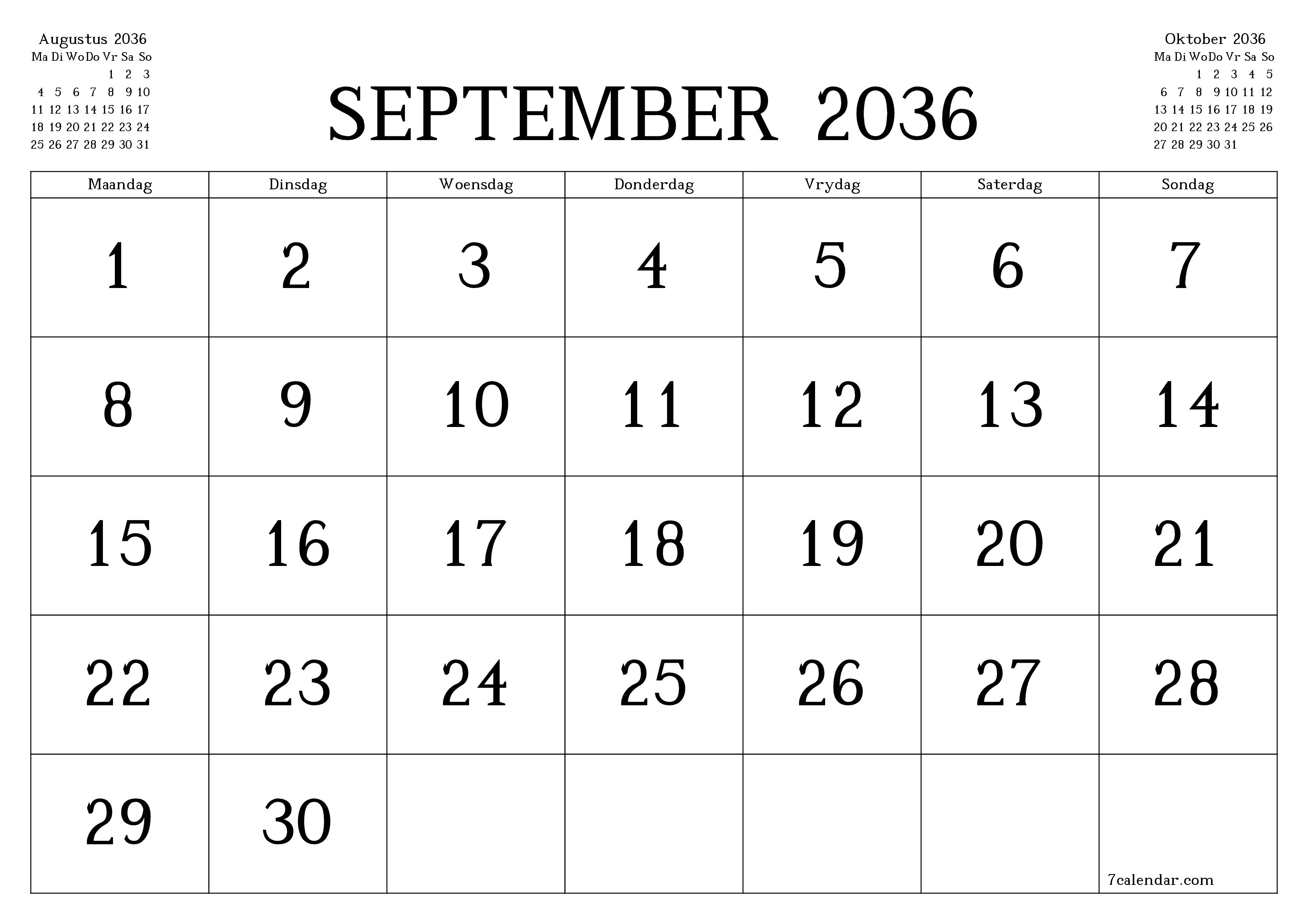 Leë maandelikse drukbare kalender en beplanner vir maand September 2036 met notas stoor en druk na PDF PNG Afrikaans