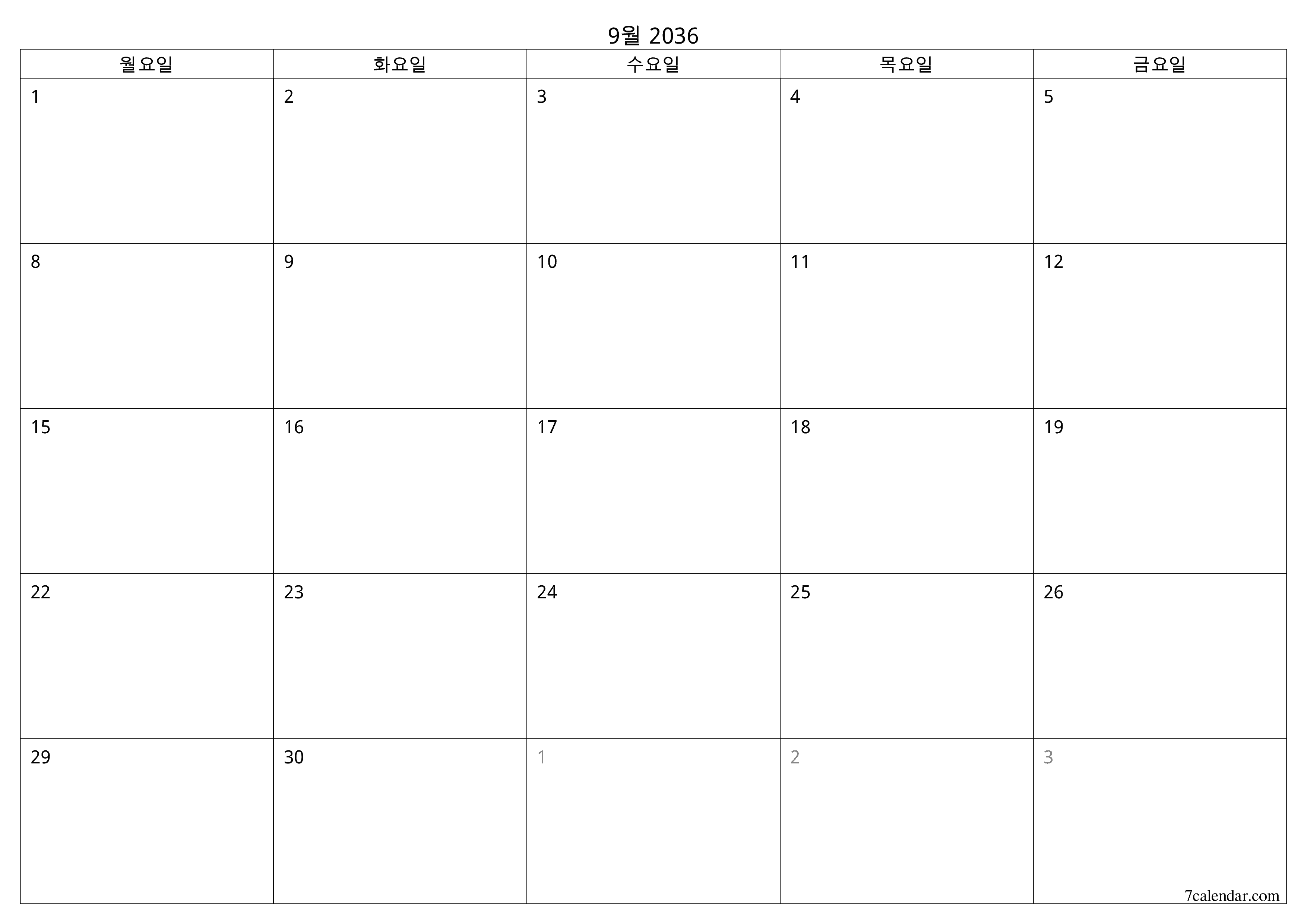 메모가있는 9월 2036 월의 월간 플래너 비우기, PDF PNG Korean-7calendar.com으로 저장 및 인쇄