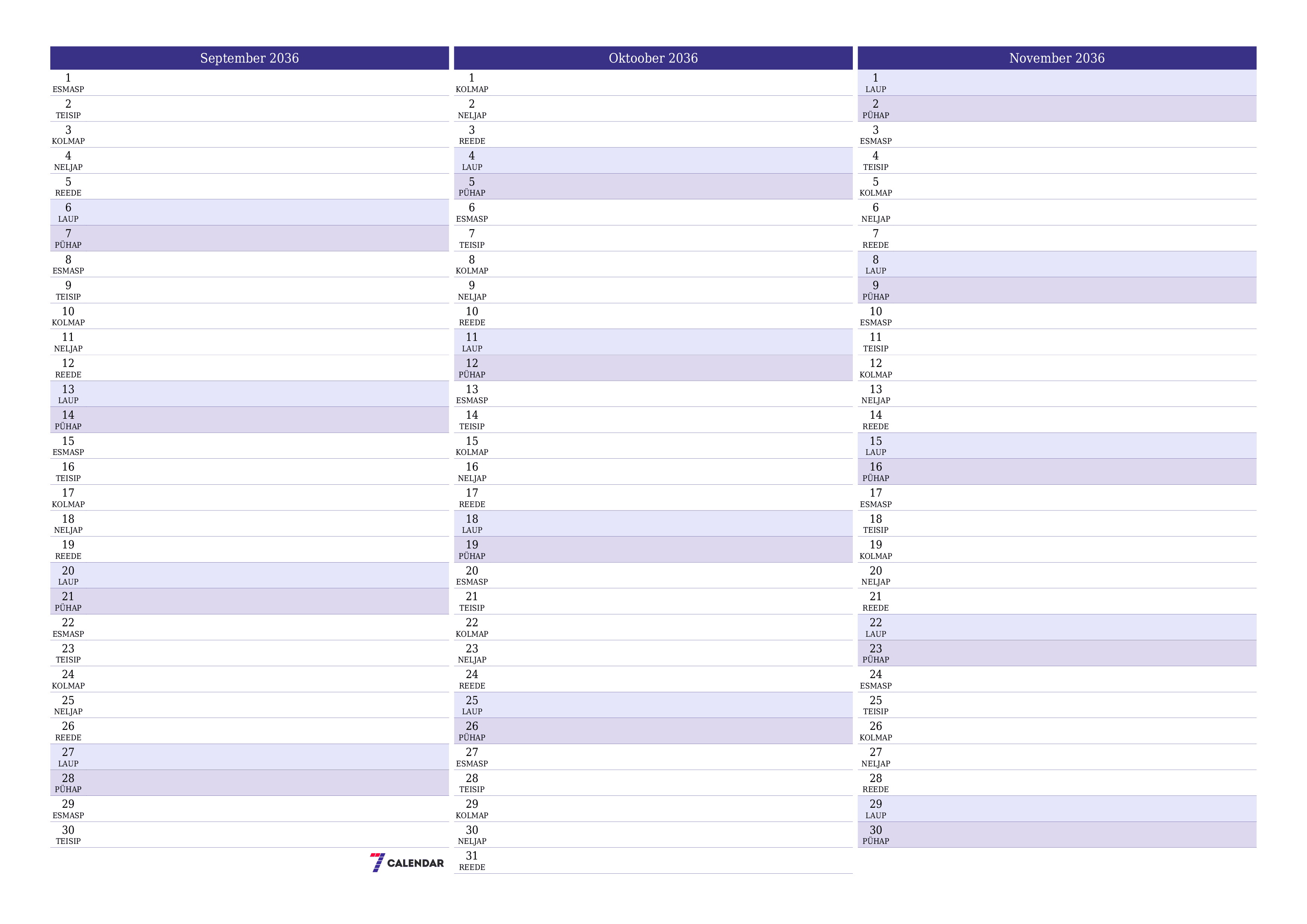 Tühjendage kuu September 2036 kuuplaneerija märkmetega, salvestage ja printige PDF-i PNG Estonian