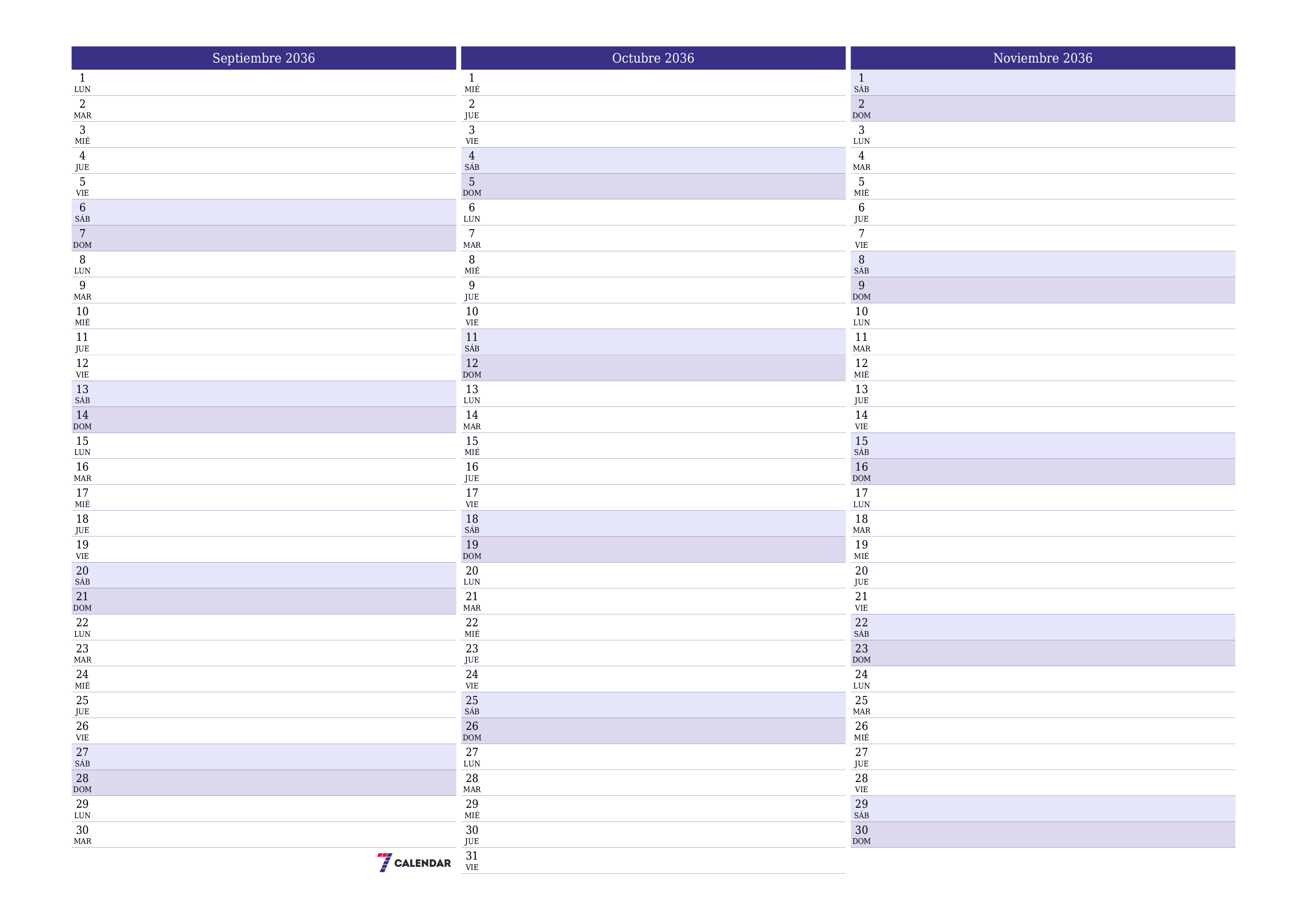 Planificador mensual vacío para el mes Septiembre 2036 con notas, guardar e imprimir en PDF PNG Spanish
