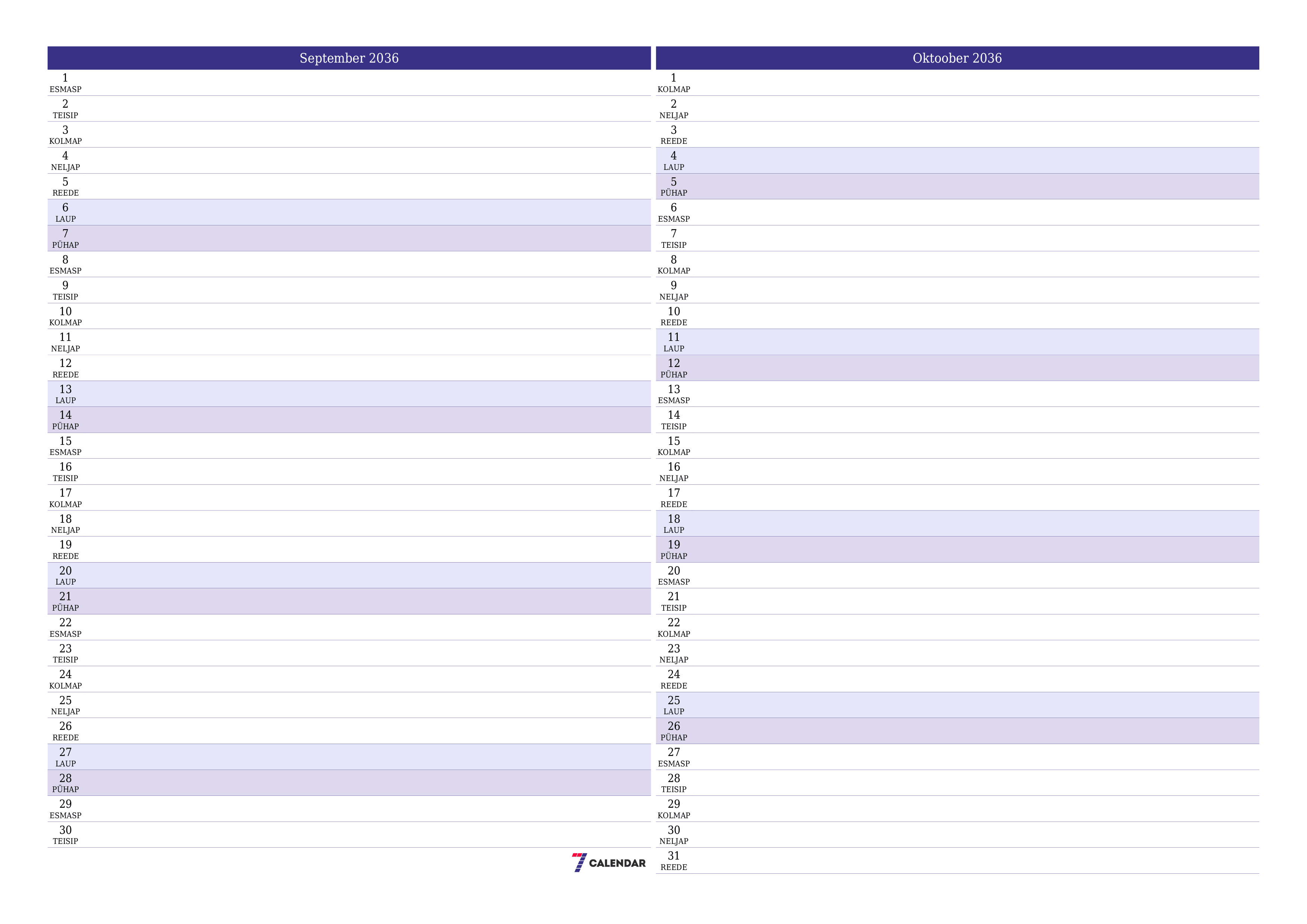 Tühjendage kuu September 2036 kuuplaneerija märkmetega, salvestage ja printige PDF-i PNG Estonian
