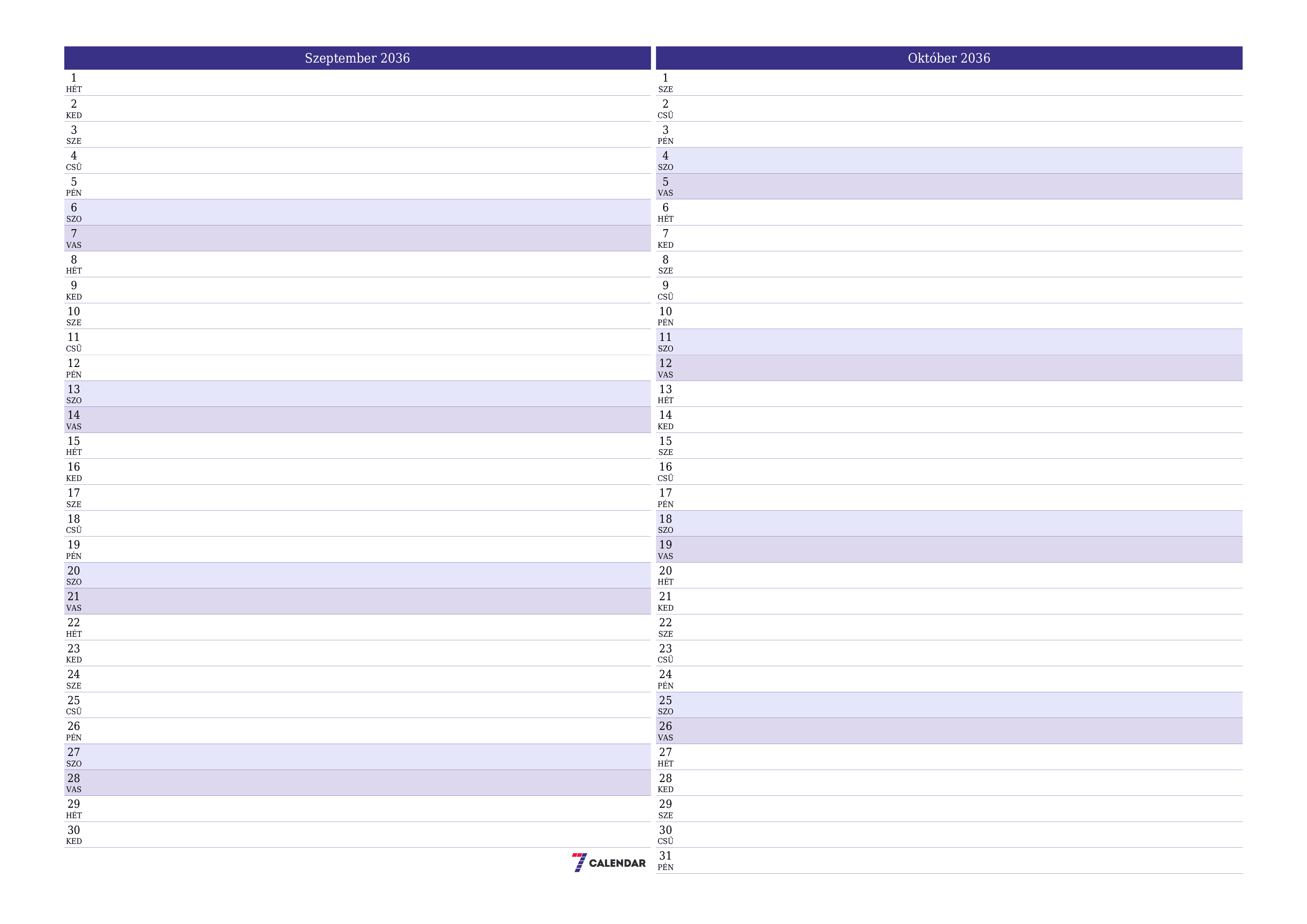 Üres havi tervező a Szeptember 2036 hónapra jegyzetekkel, mentés és nyomtatás PDF-be PNG Hungarian
