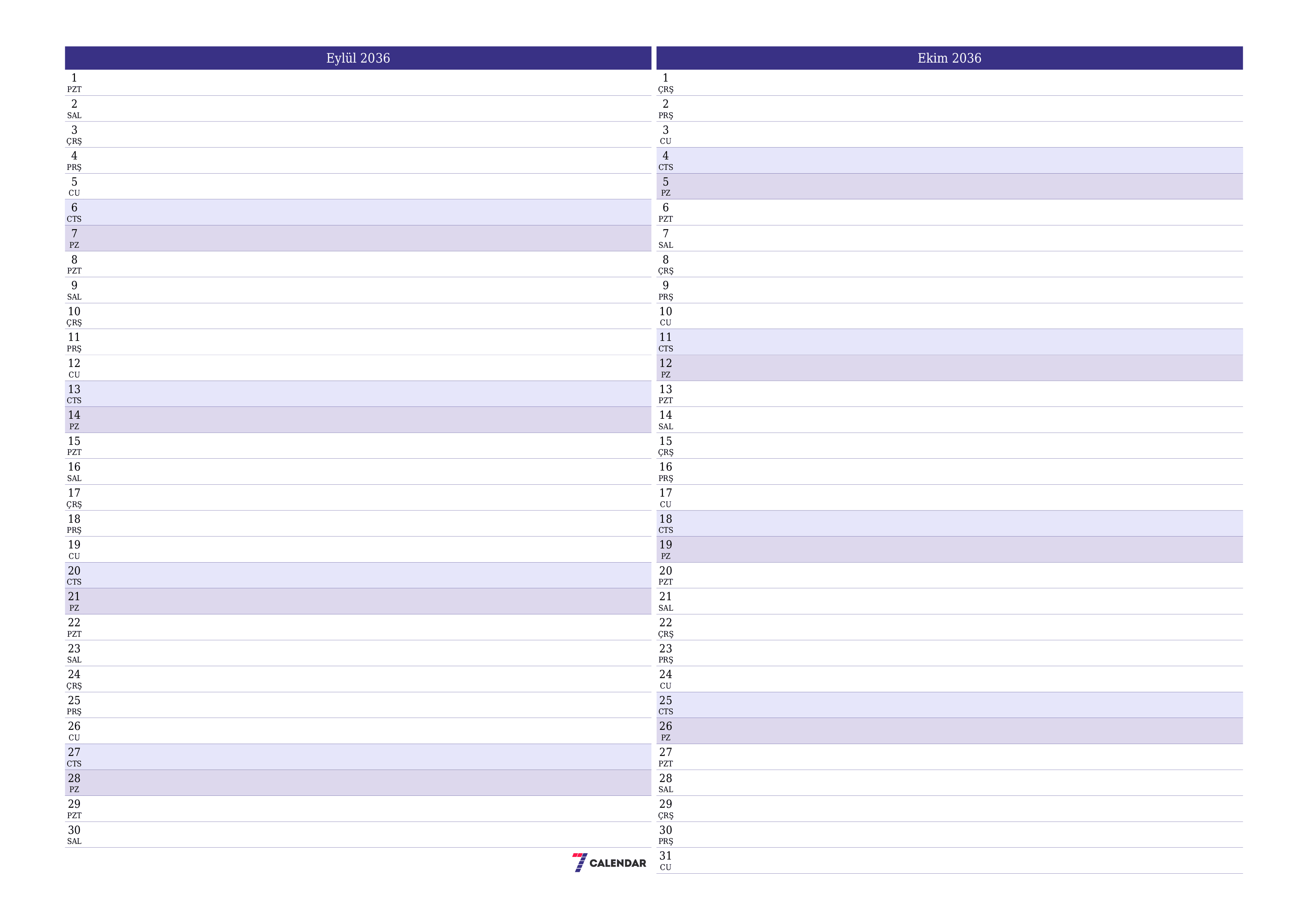 Eylül 2036 ayı için notlarla birlikte boş aylık planlayıcı, kaydedin ve PDF'ye yazdırın PNG Turkish