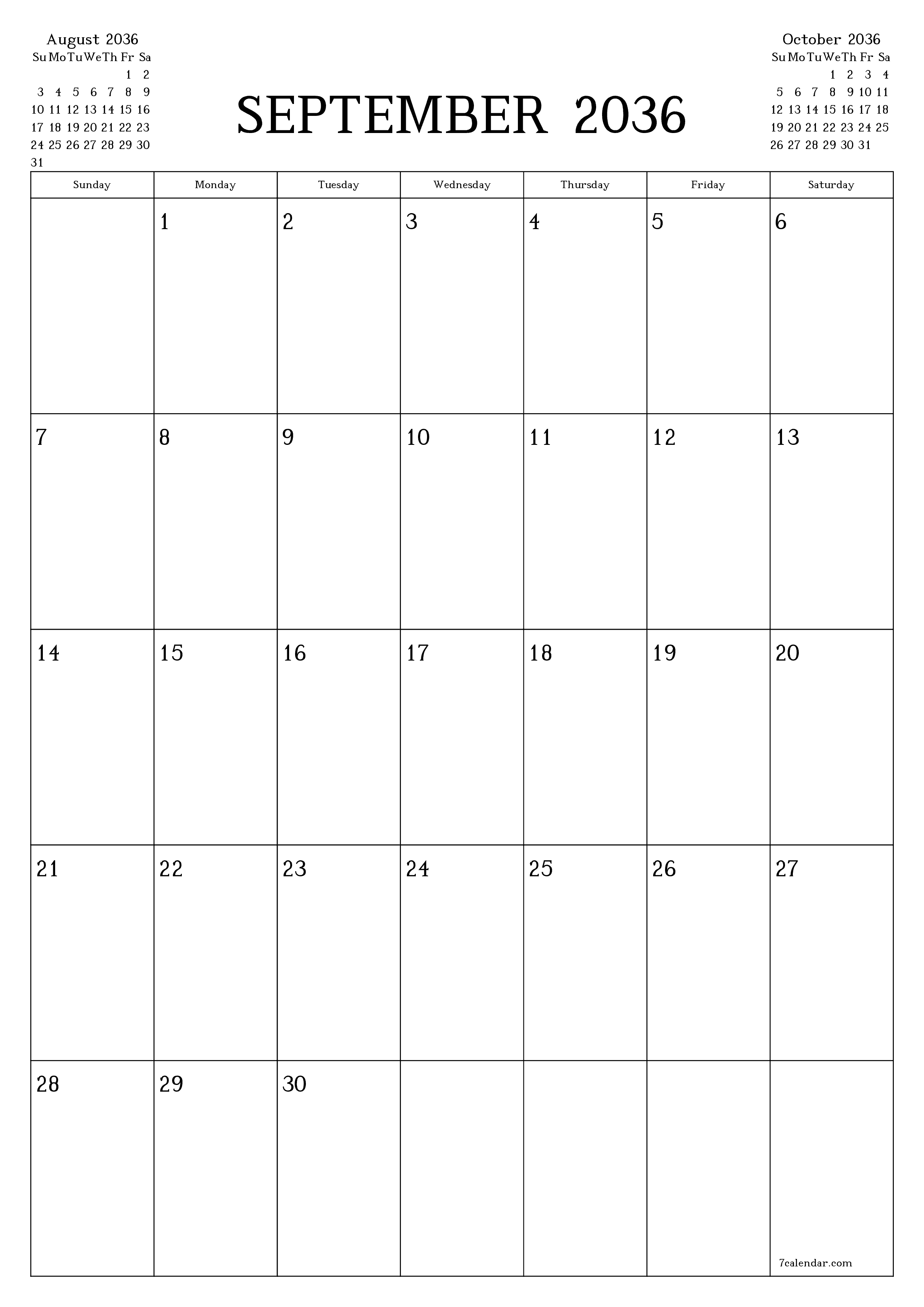 printable wall template free vertical Monthly planner calendar September (Sep) 2036