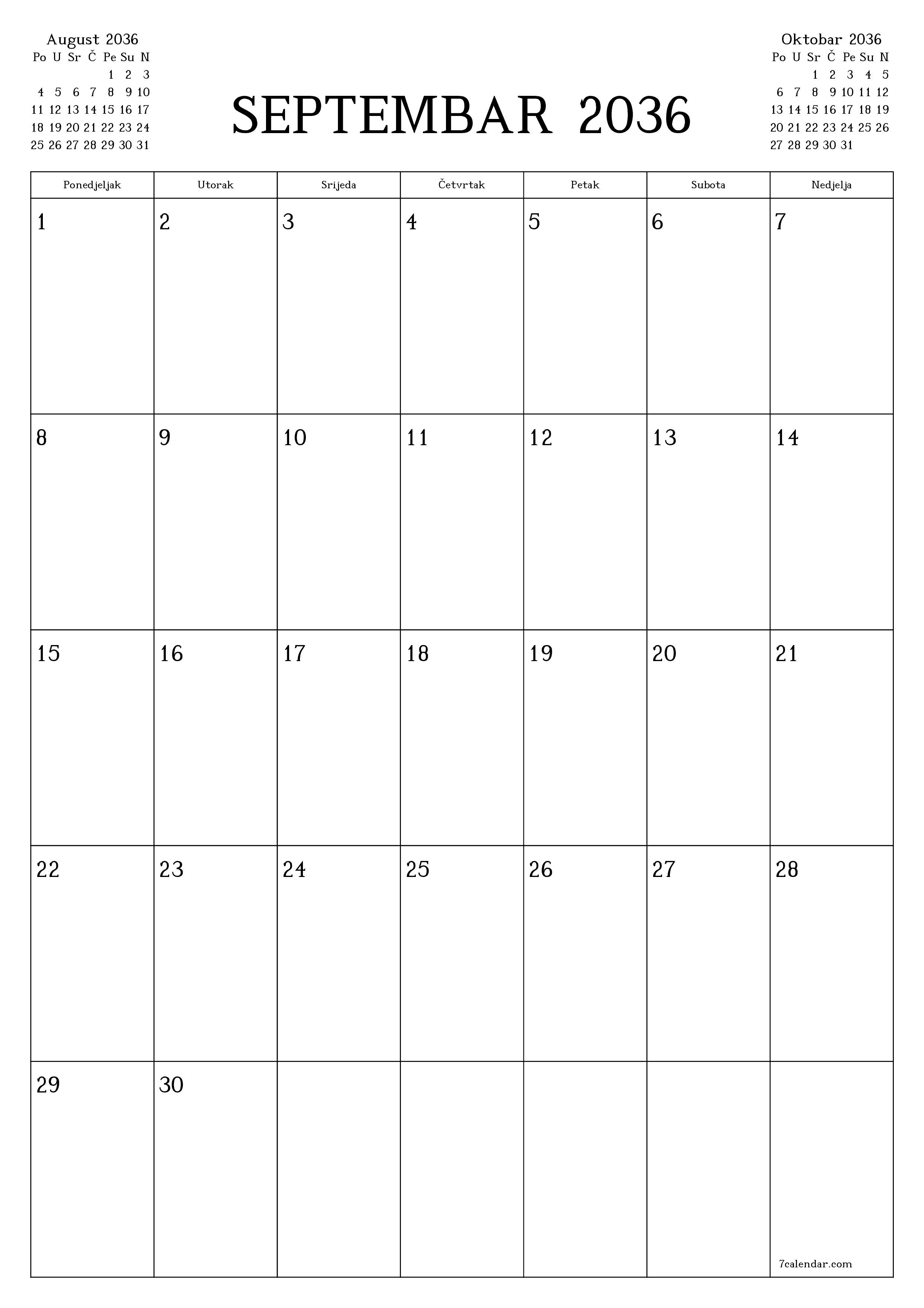  za štampanje zidni šablon a besplatni vertikalno Mjesečno planer kalendar Septembar (Sep) 2036