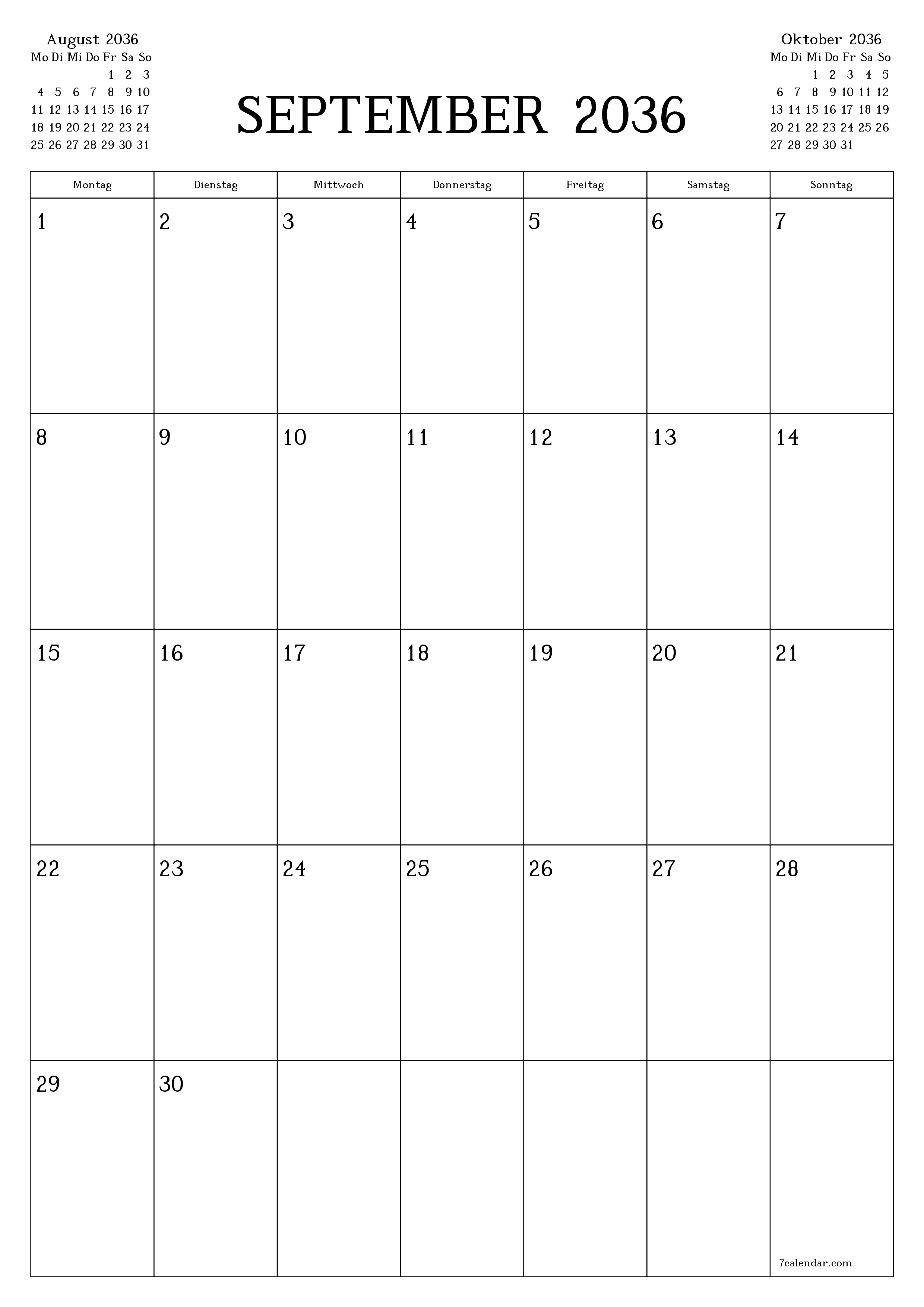  zum Ausdrucken Wandkalender vorlage kostenloser vertikal Monatlich Planer Kalender September (Sep) 2036
