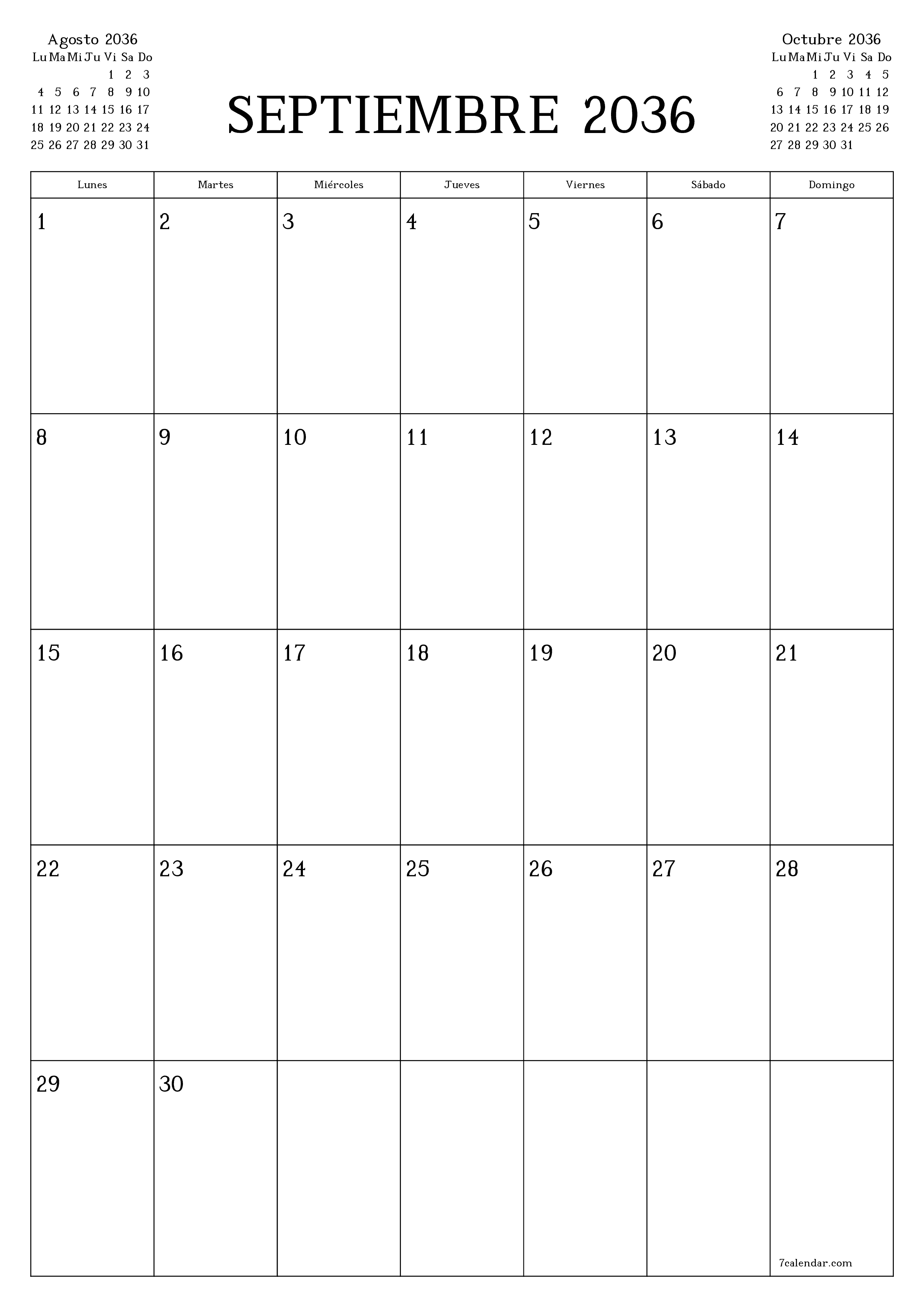  imprimible de pared plantilla de gratisvertical Mensual planificador calendario Septiembre (Sep) 2036
