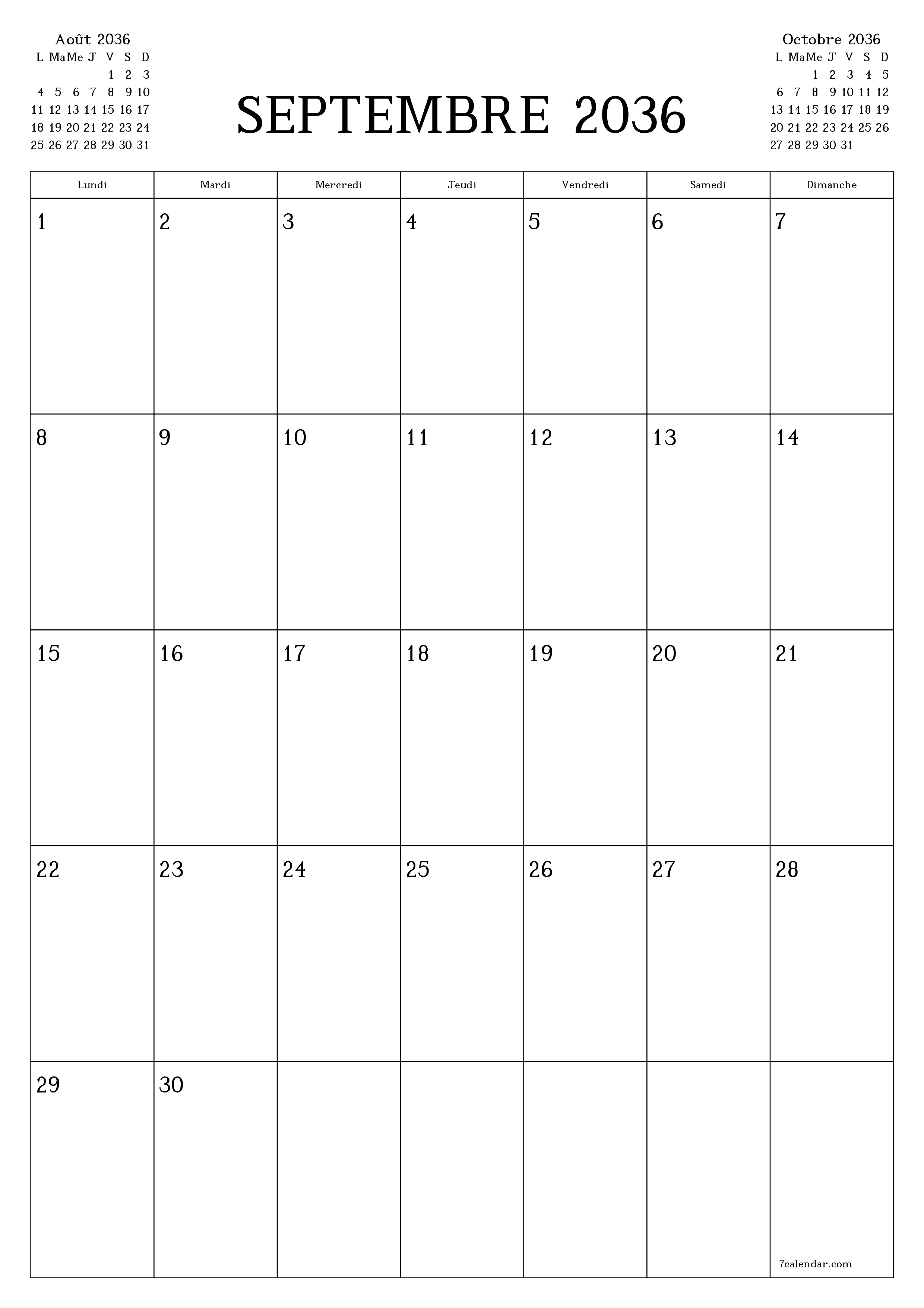  imprimable mural modèle de gratuitverticale Mensuel planificateur calendrier Septembre (Sep) 2036