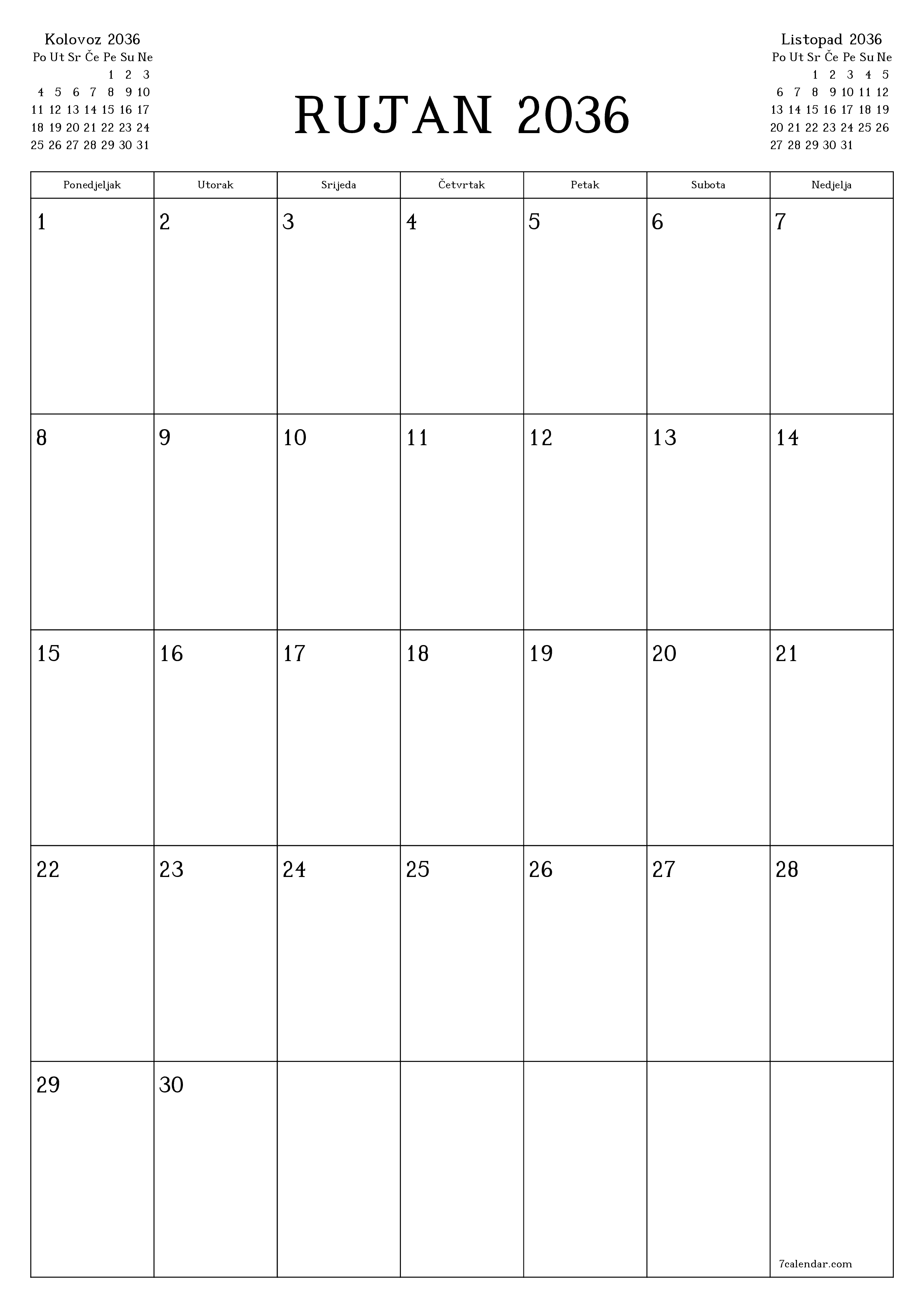  za ispis zidni predložak a besplatni okomito Mjesečni planer kalendar Rujan (Ruj) 2036