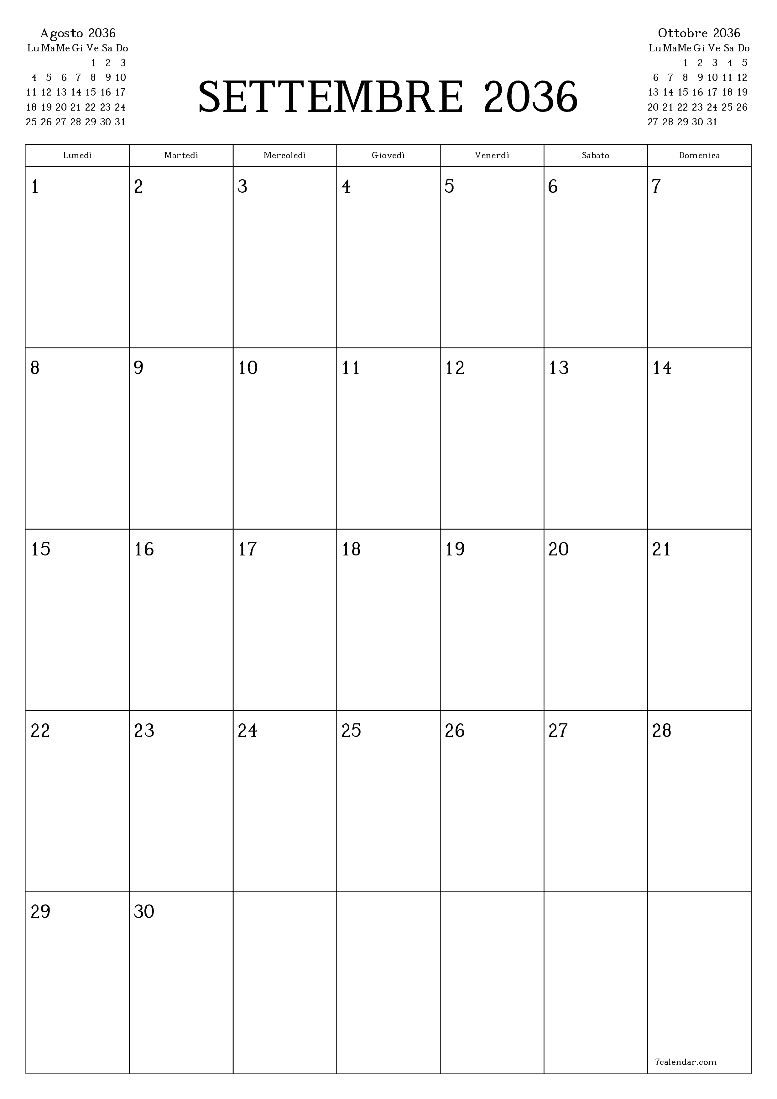  stampabile da parete modello di gratuitoverticale Mensile pianificatore calendario Settembre (Set) 2036