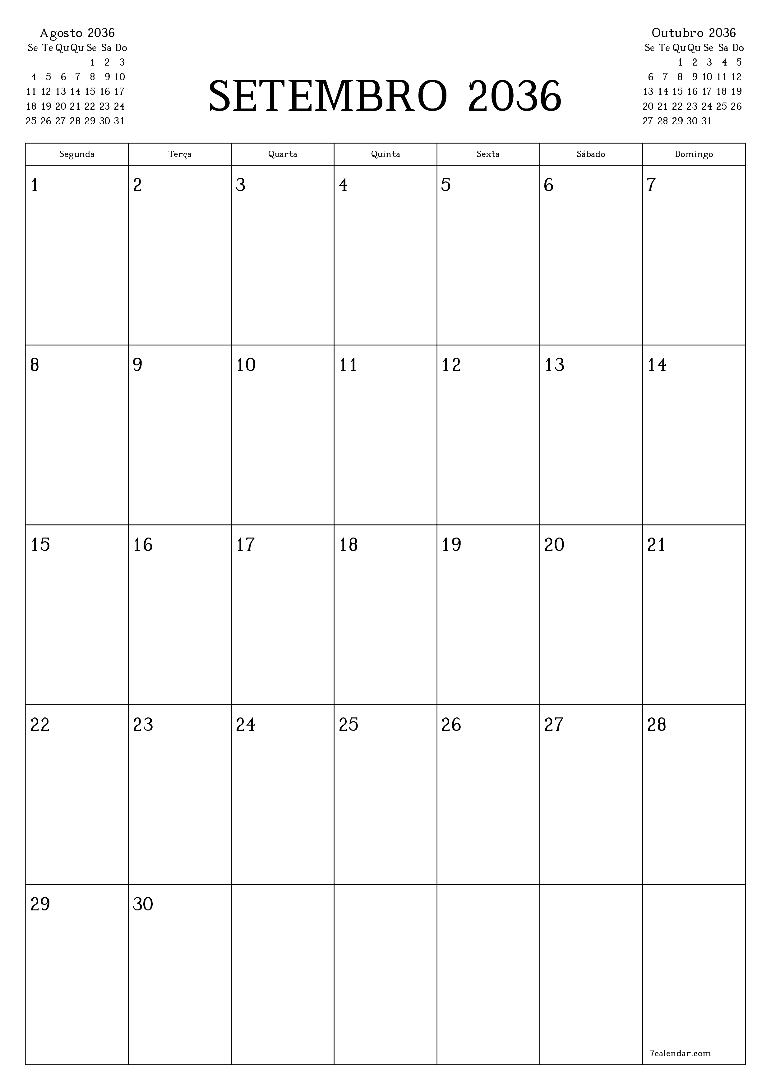  para impressão de parede modelo de grátisvertical Mensal planejador calendário Setembro (Set) 2036